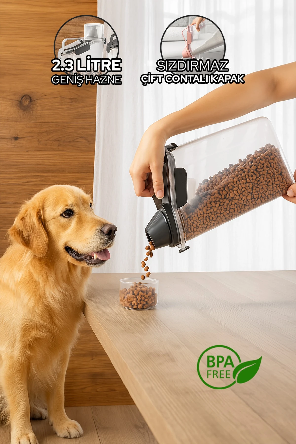 2300ml Köpek Maması Saklama Kabı Kırılmaz Sızdırmaz Çift Contalı Ölçekli Geniş Hazneli BPA Free