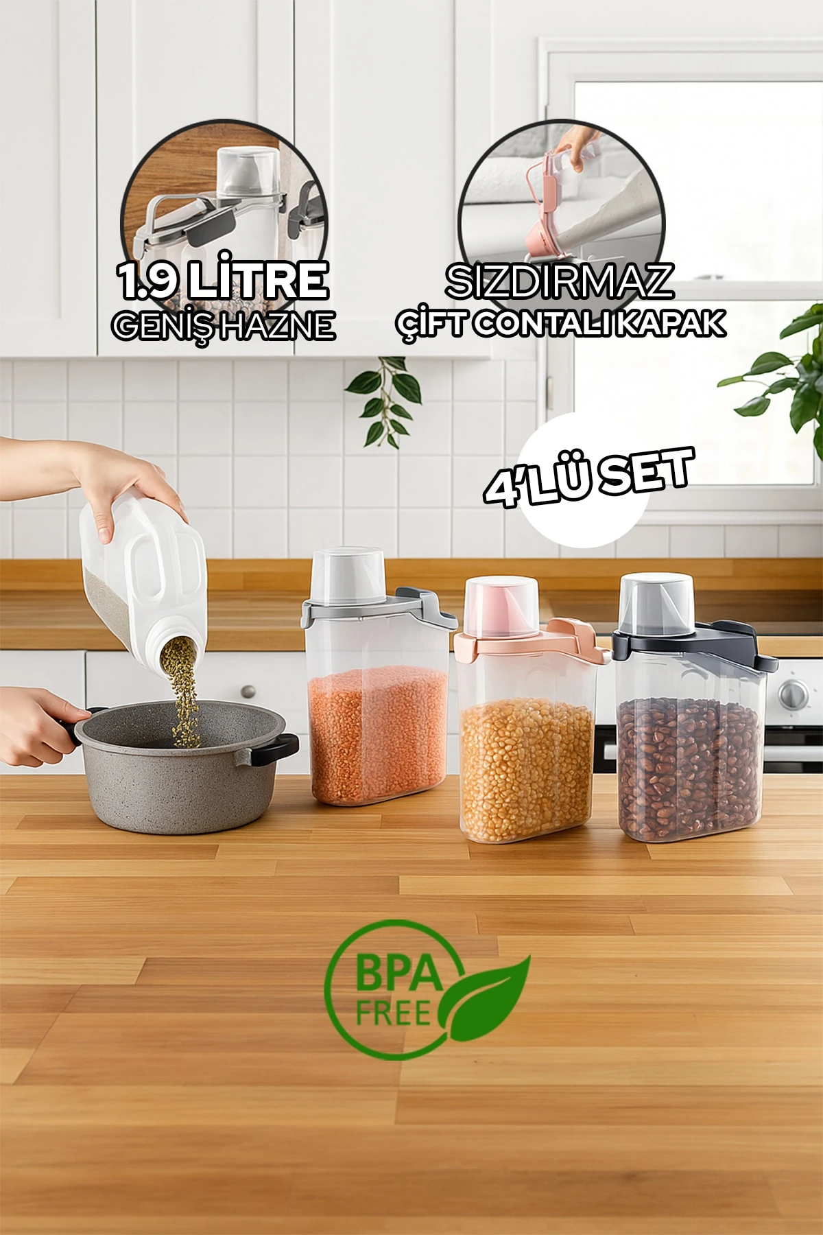 1900ml 4'lü Kırılmaz Erzak Saklama Kabı Seti Sızdırmaz Çift Contalı Geniş Hazne Ölçekli Kapak