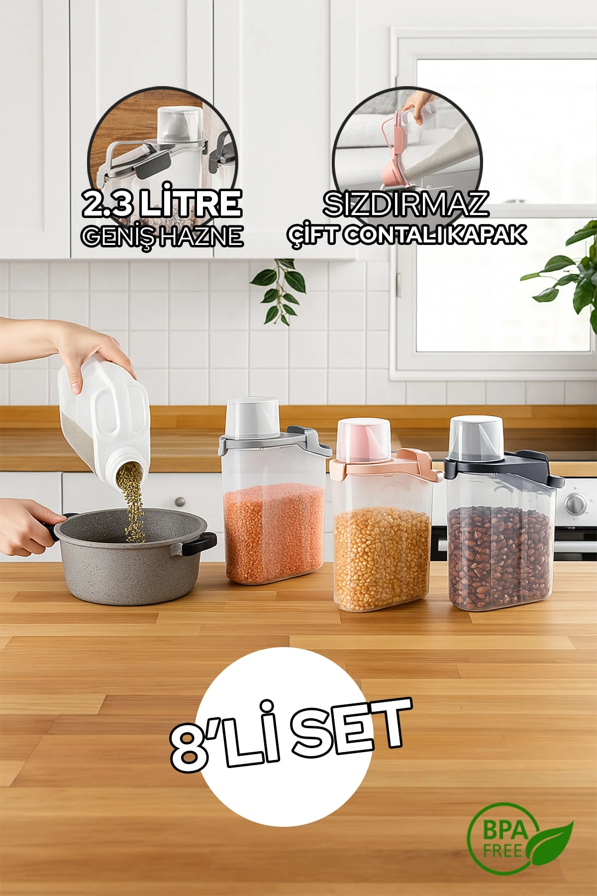 8’li 2300ml Kırılmaz Erzak, Bakliyat Saklama Kabı Seti Sızdırmaz Çift Contalı Ölçekli Kapak