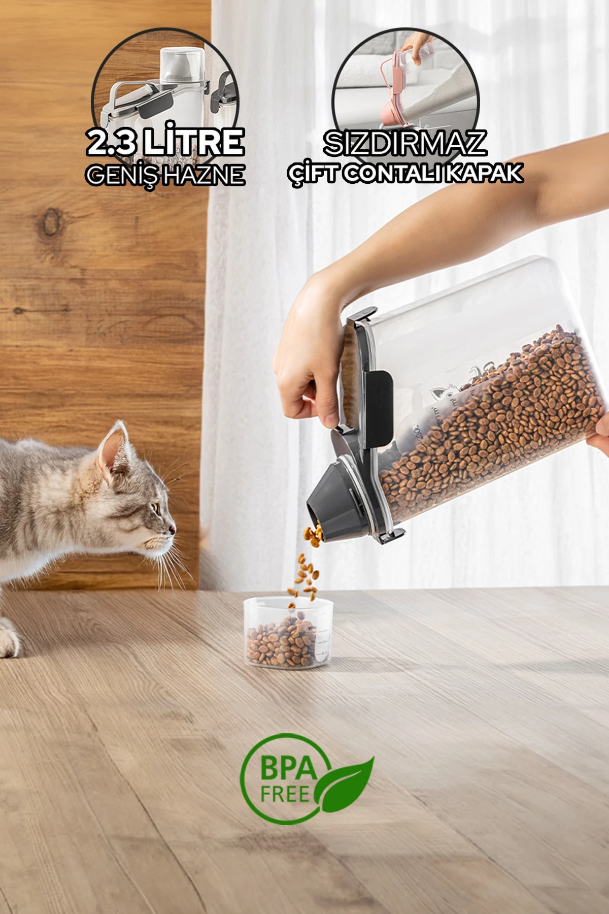 2300ml Kedi Maması Saklama Kabı Kırılmaz Sızdırmaz Çift Contalı Ölçekli Geniş Hazneli BPA Free