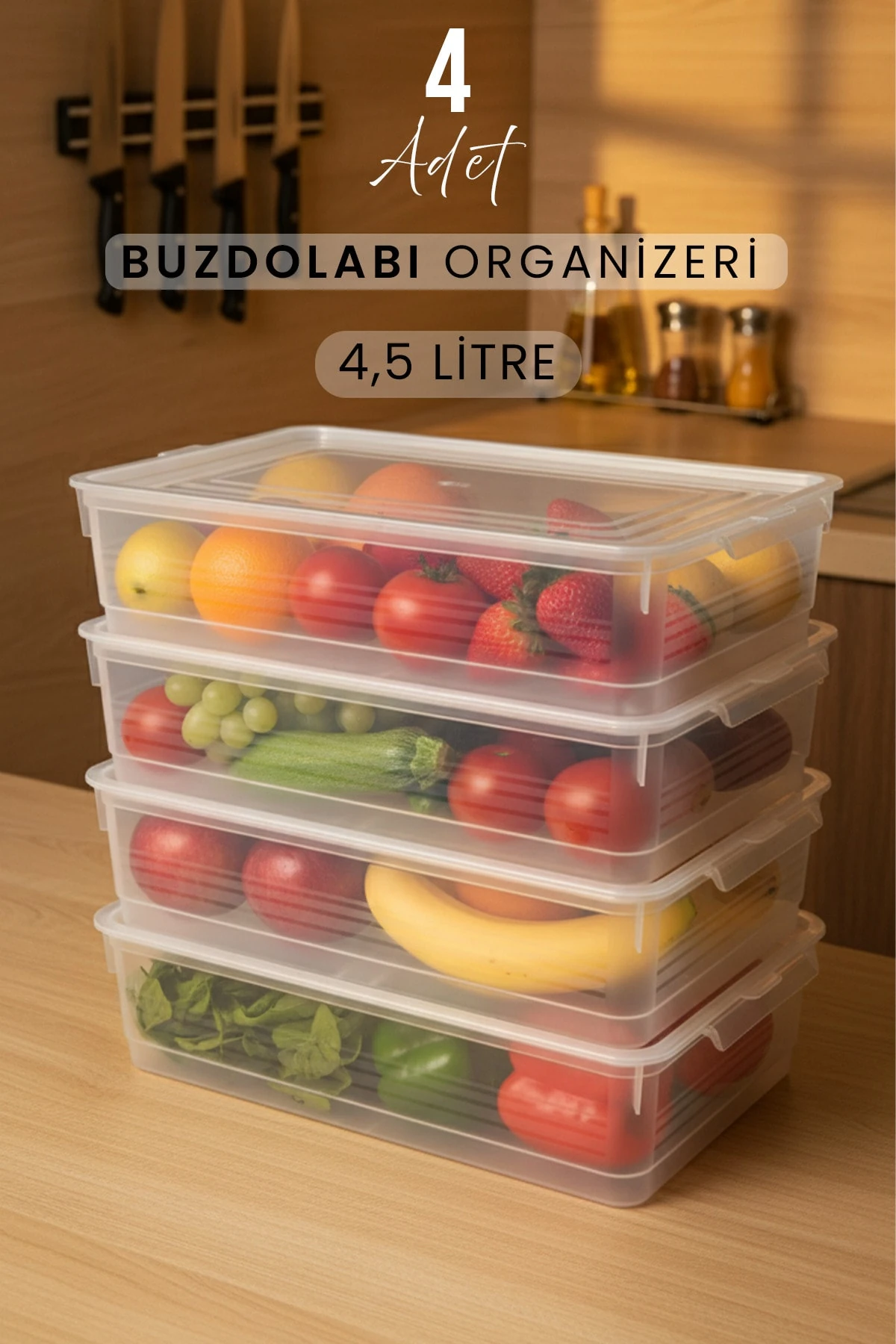 4'lü Set Kırılmaz Kapaklı Buzdolabı Düzenleyici Dolap İçi Organizer Küçük Boy Saklama Kabı