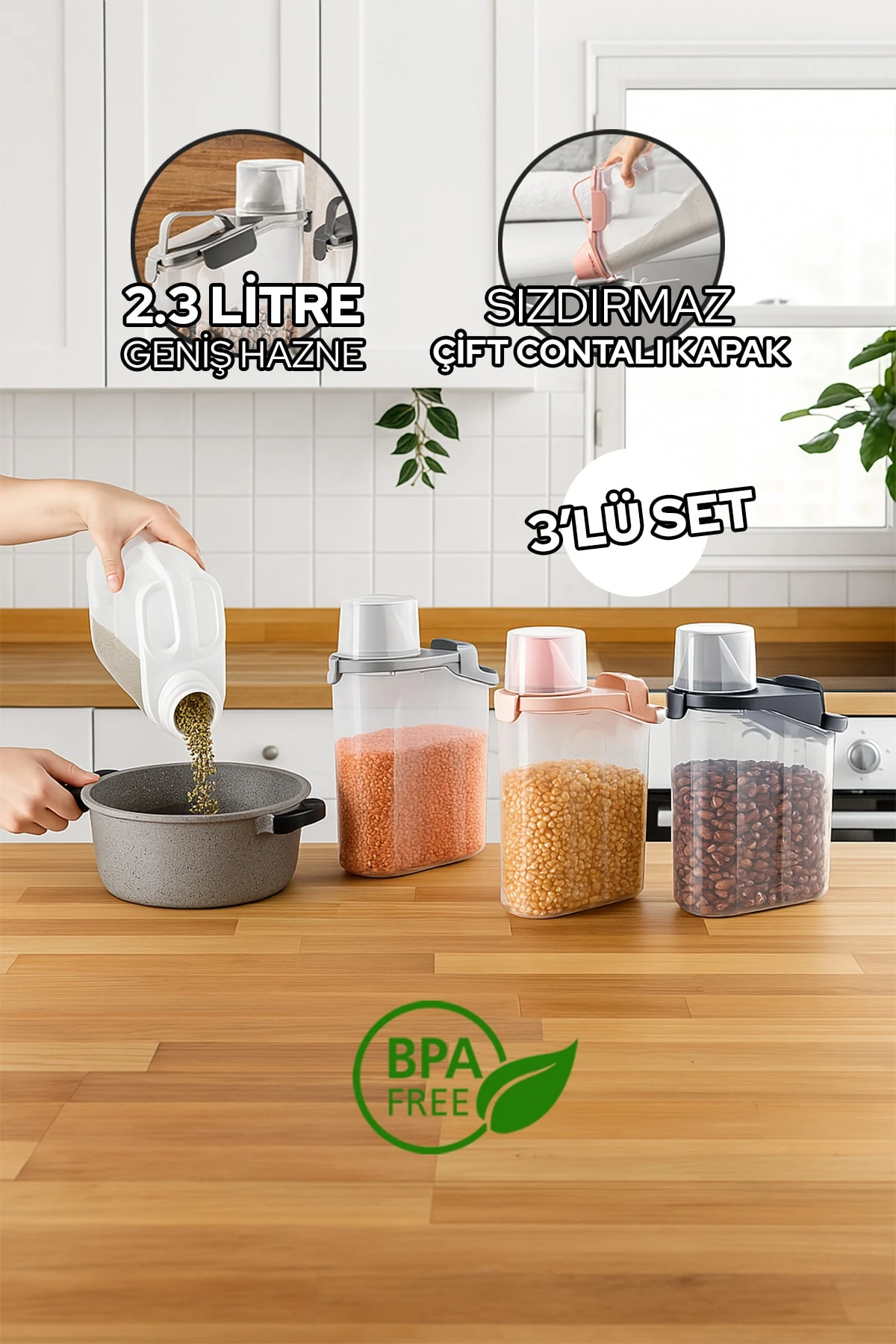 2300ml 3'lü Kırılmaz Erzak Saklama Kabı Seti Sızdırmaz Çift Contalı Geniş Hazne Ölçekli Kapak