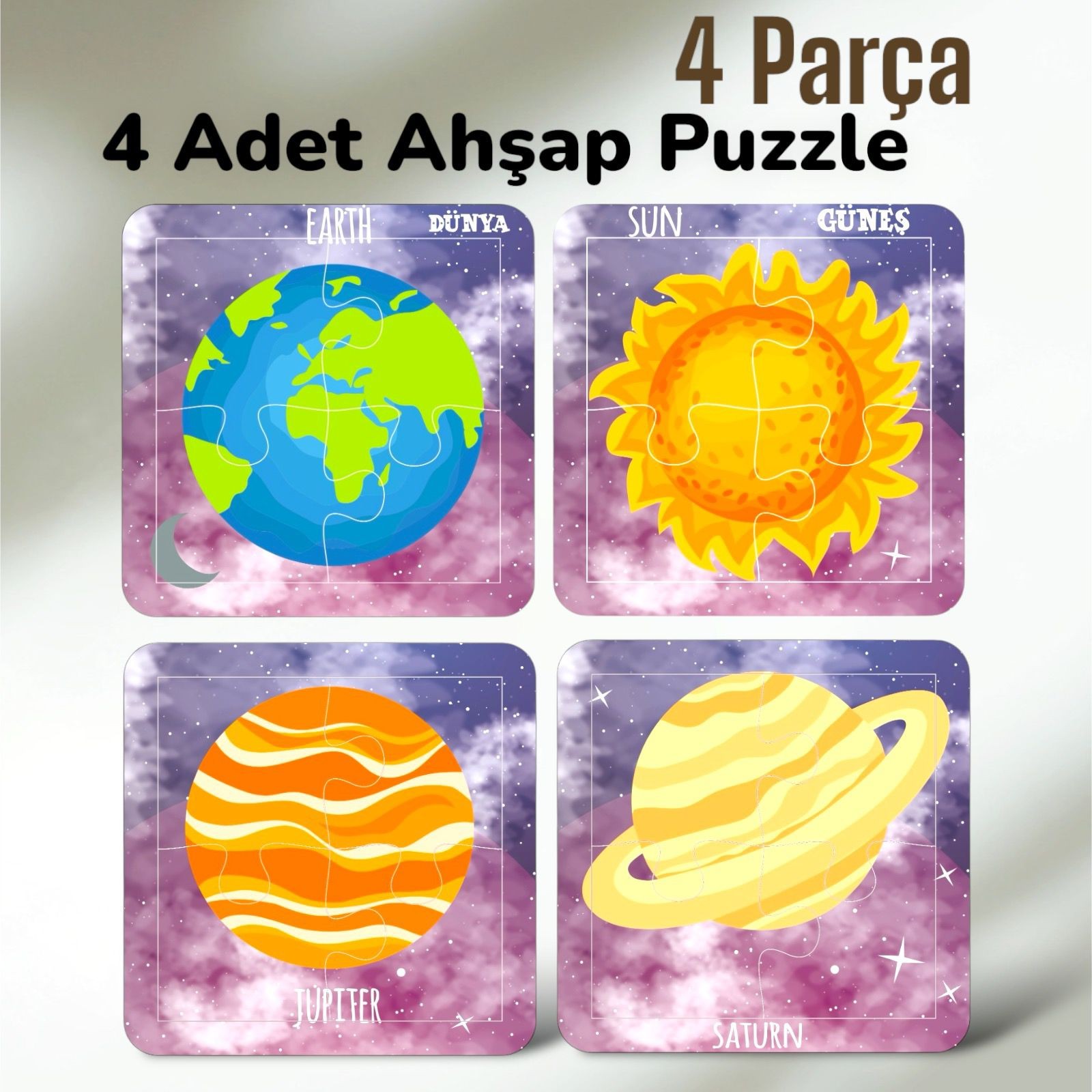 Ahşap Eğitici Puzzle Gezegenimiz 4 Adet 4 Parçalı