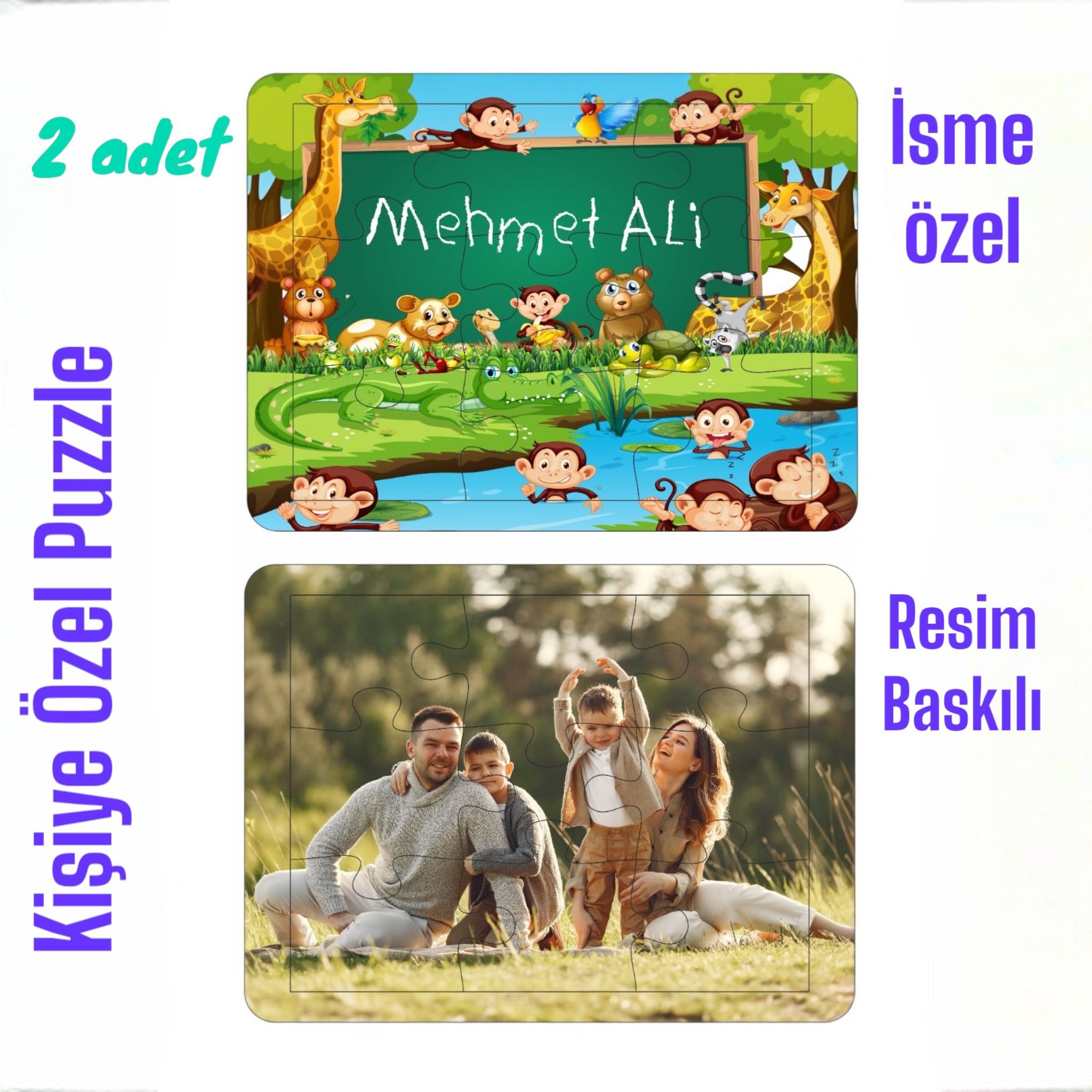 hşap Çocuk Puzzle 9 Parçalı Resim Baskılı ve İsme Özel 2 Adet Yeni Yıl Hediyesi 15x20 Cm