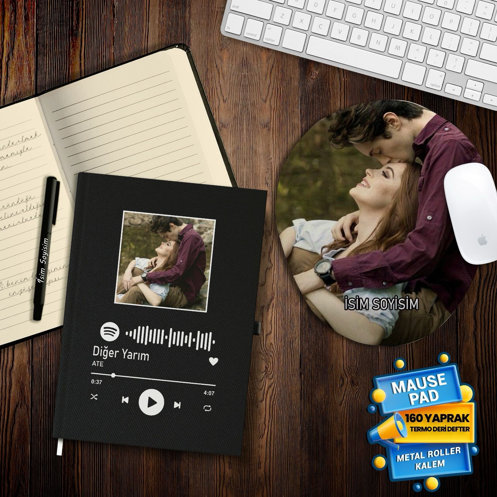 Kişiye Özel Spotify Barkodlu Resim Baskılı Defter Kalem Mousepad Seti