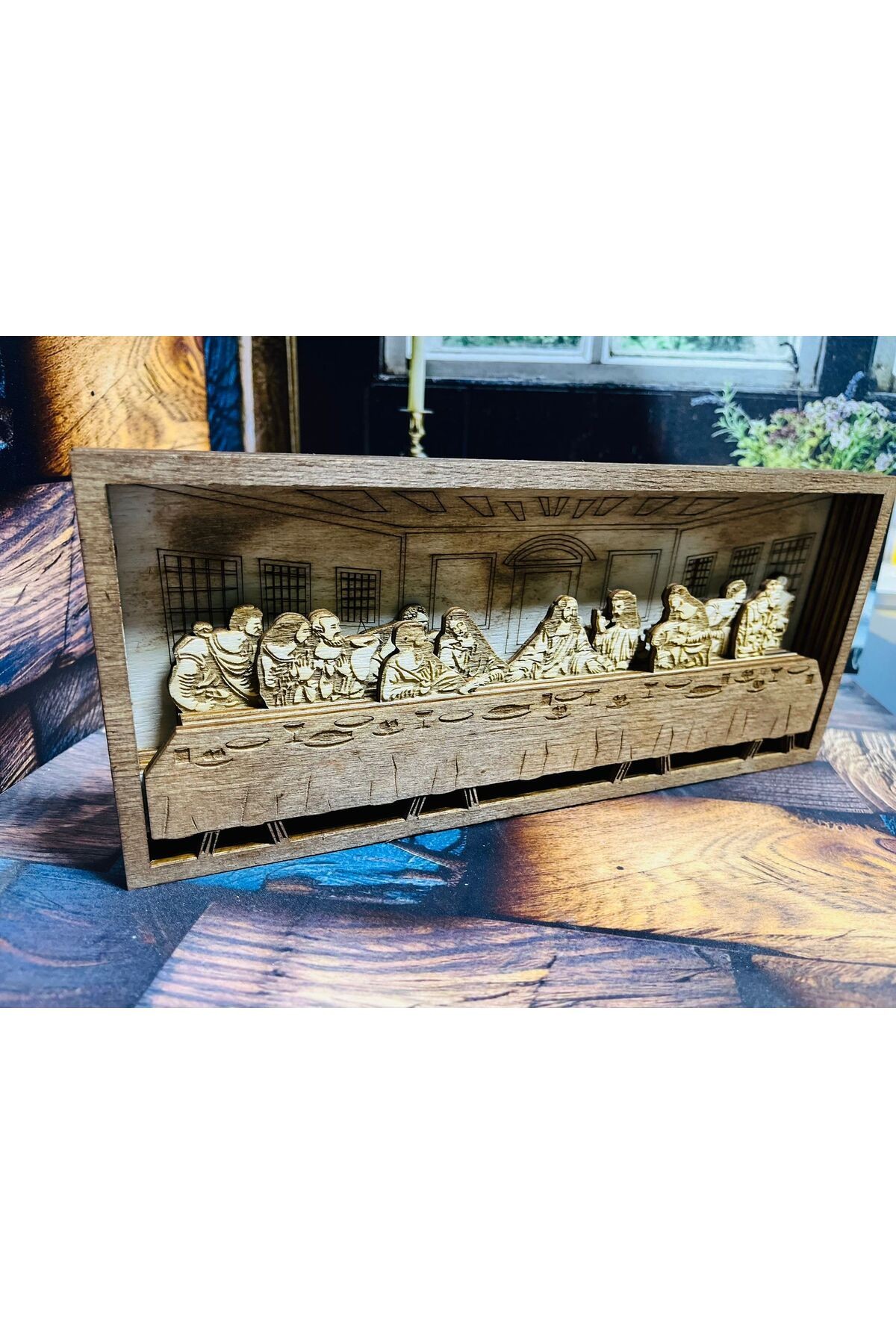 Leonardo da Vinci Son Akşam Yemeği Ahşap Mandala Tablo 29 x 13 Cm