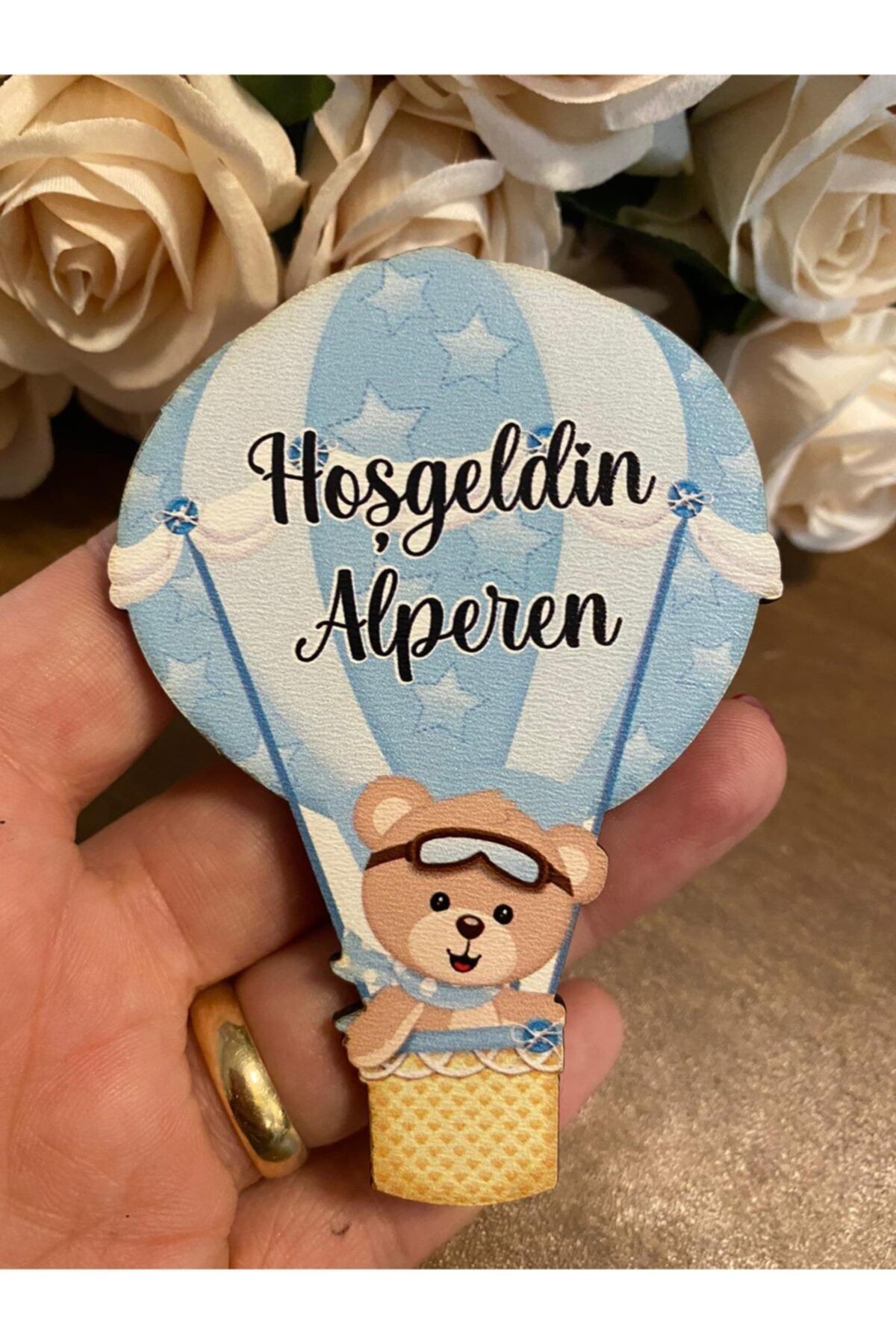 Kişiye Özel Balon Ayıcık Erkek Bebek Magnet - Babyshower Mevlüt Doğumgünü Hediyelik