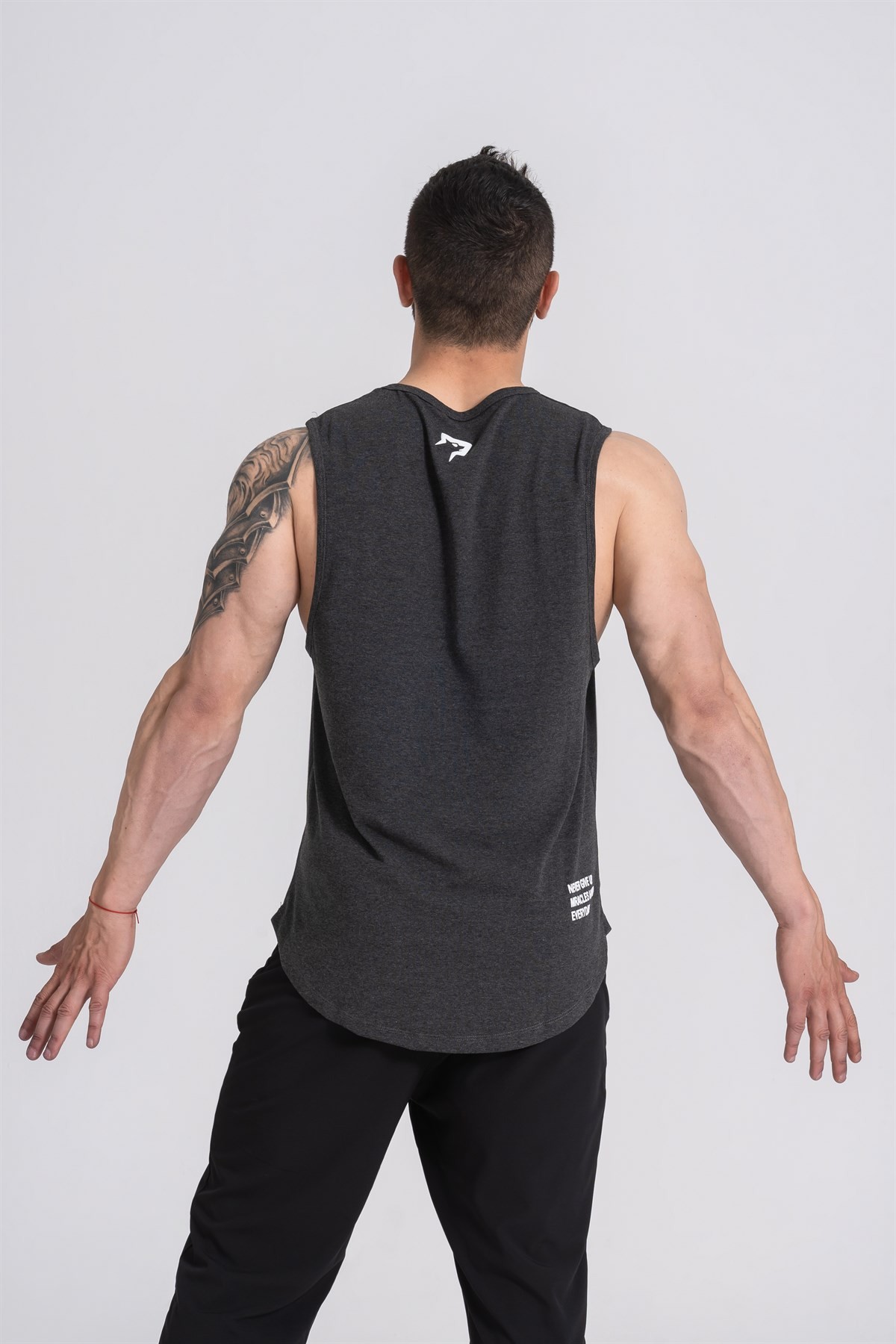 Gymwolves Erkek Kolsuz T-Shirt | Erkek Spor T-shirt | Workout Tanktop | Siyah Melanj | Never Give Up |