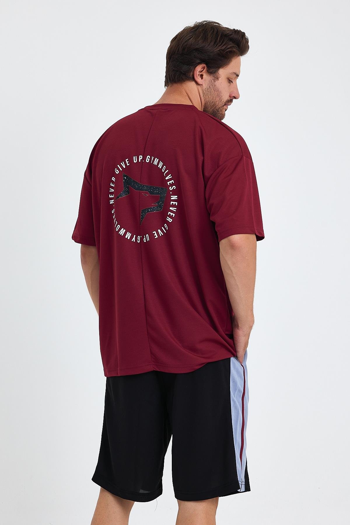 Gymwolves Erkek Over Size Spor T-Shirt | Sırta Kurt  Baskılı | Workout T-Shirt | Tişört | Bordo |