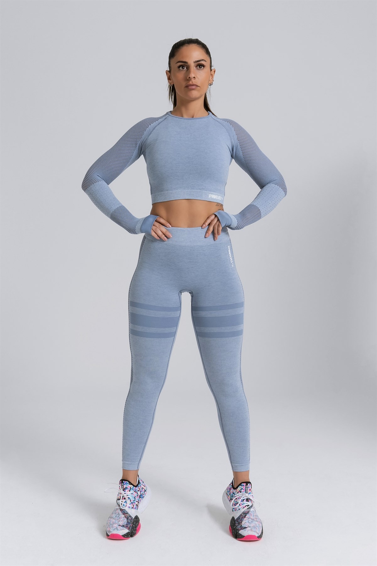 Gymwolves Kadın Uzun Kollu Dikişsiz Spor Tişört | Crop Tops | Açık Gri | Queen Serisi |