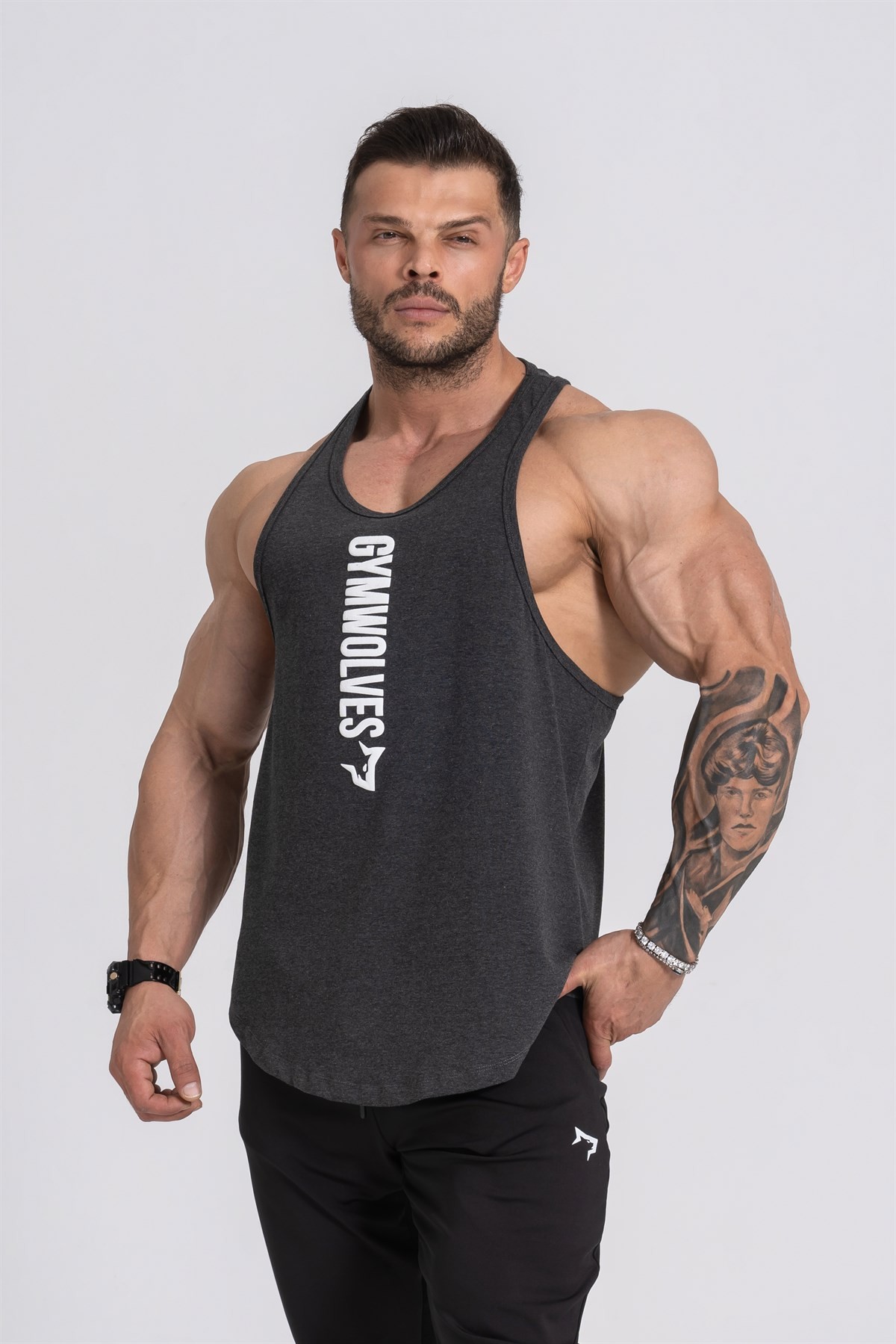 Gymwolves Spor Atleti | Stringer | Workout Tanktop | Siyah Melanj | Comfortable Serisi