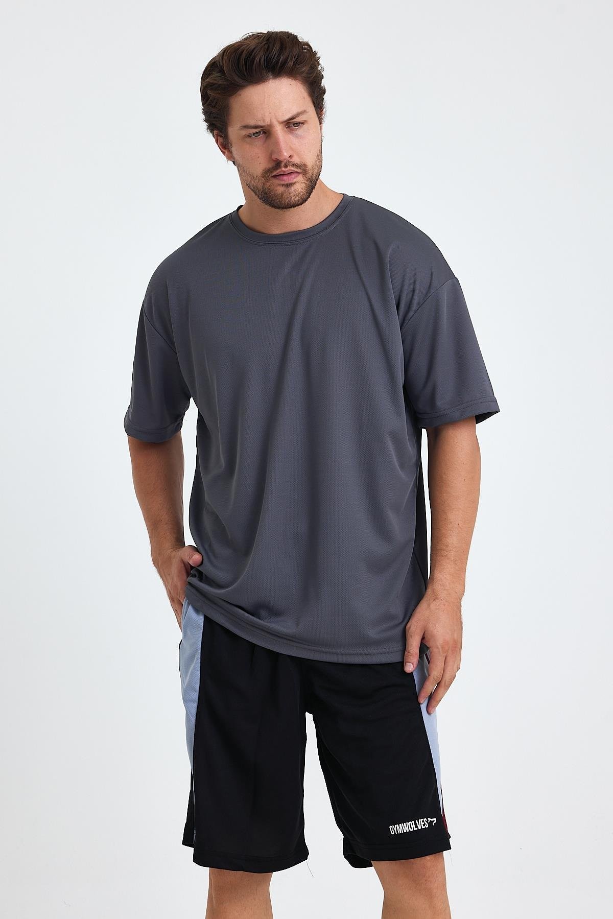 Gymwolves Erkek Over Size Spor T-Shirt | Sırta Kurt  Baskılı | Workout T-Shirt | Tişört | Füme |