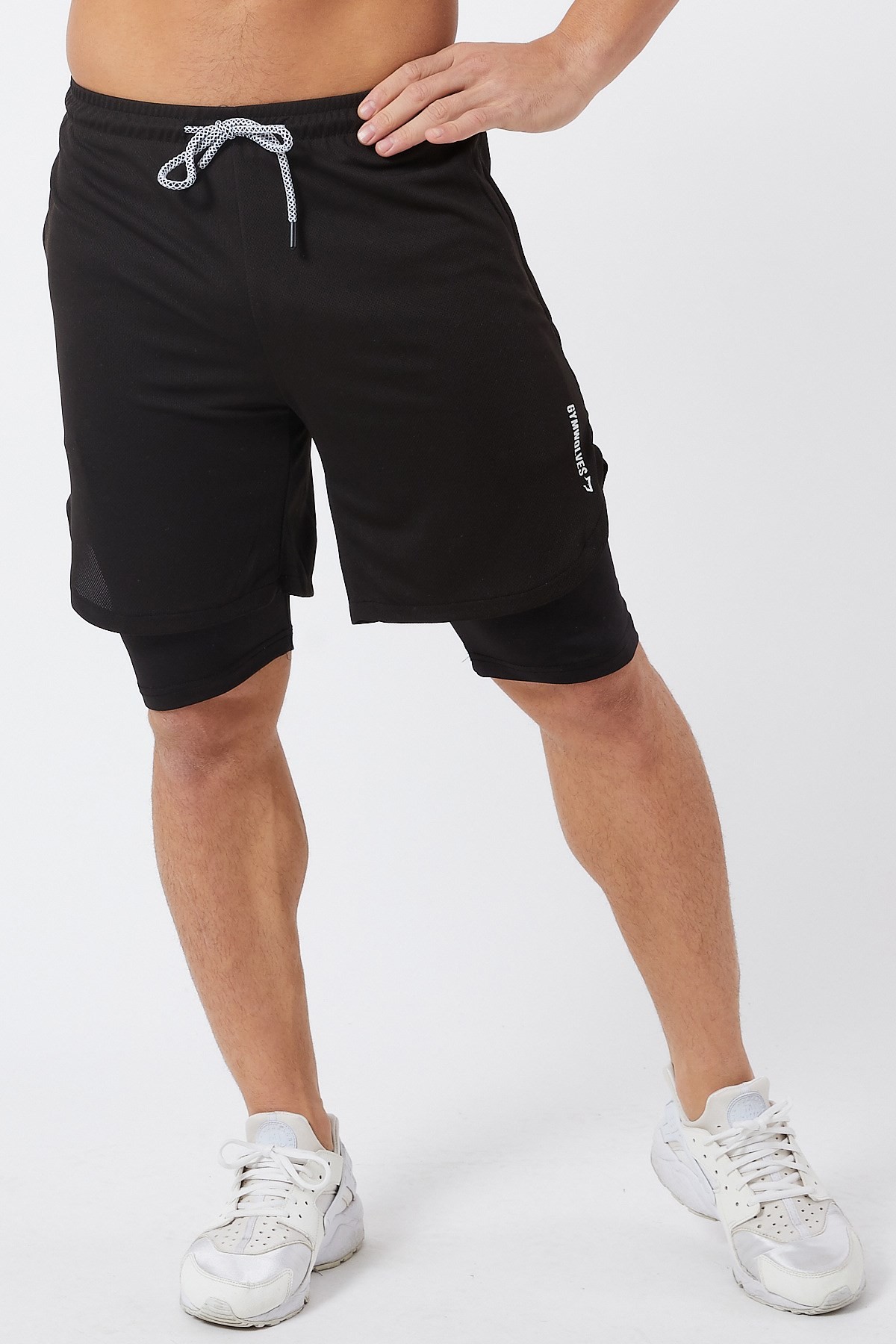 Gymwolves Erkek Spor Şort Çift Katmanlı | Uzun İç Tayt | Siyah | Comfortable Serisi |