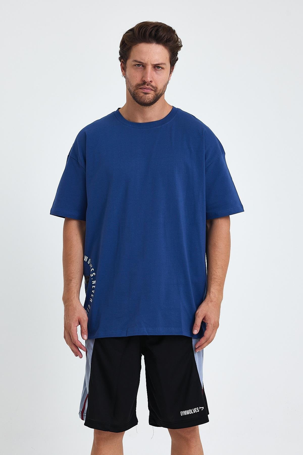 Gymwolves Erkek Over Size Spor T-Shirt | Kurt  Baskılı | Workout T-Shirt | Tişört  | İndigo |