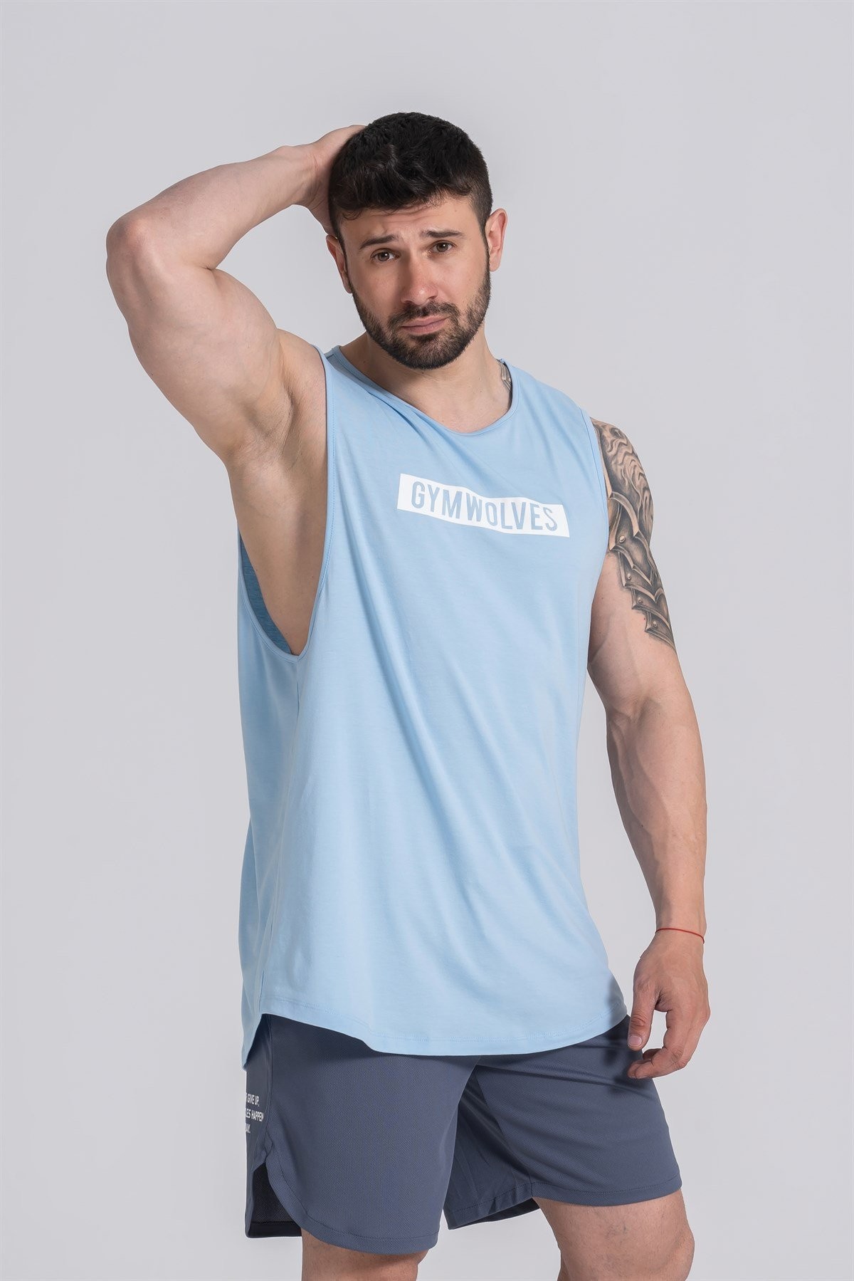 Gymwolves Erkek Kolsuz T-Shirt | Erkek Spor T-shirt | Light Blue | Workout Tanktop |