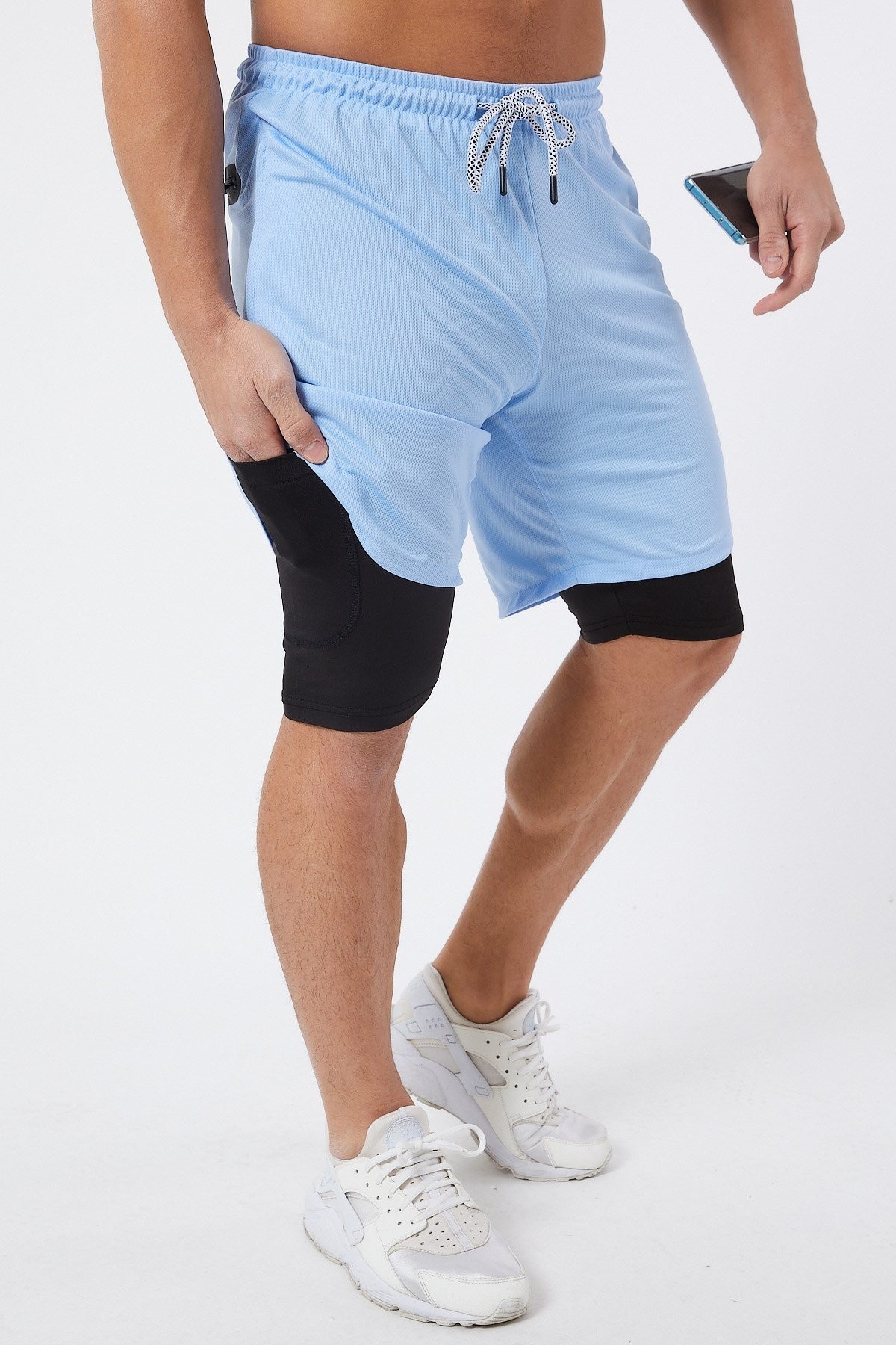 Gymwolves Erkek Spor Şort Çift Katmanlı | Uzun İç Tayt | Mavi | Comfortable Serisi |
