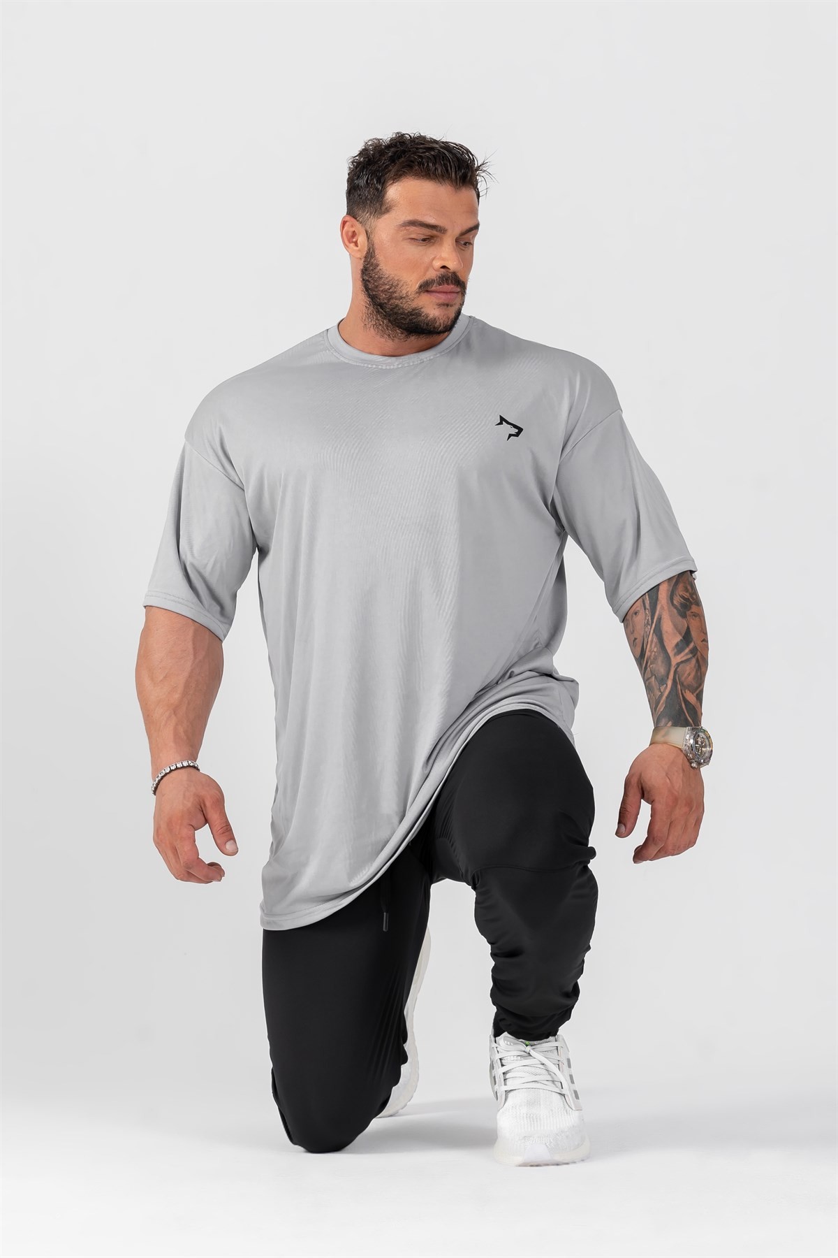 Gymwolves Erkek Over Size Spor T-Shirt | Gri | Workout T-Shirt | Relax Serisi |