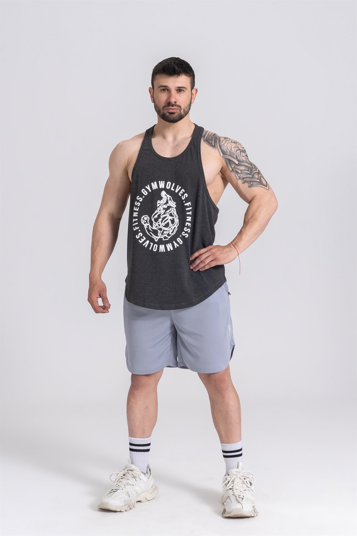 Gymwolves Erkek Spor Atleti | Stringer | Workout Tanktop | Siyah Melanj | Wolf Serisi