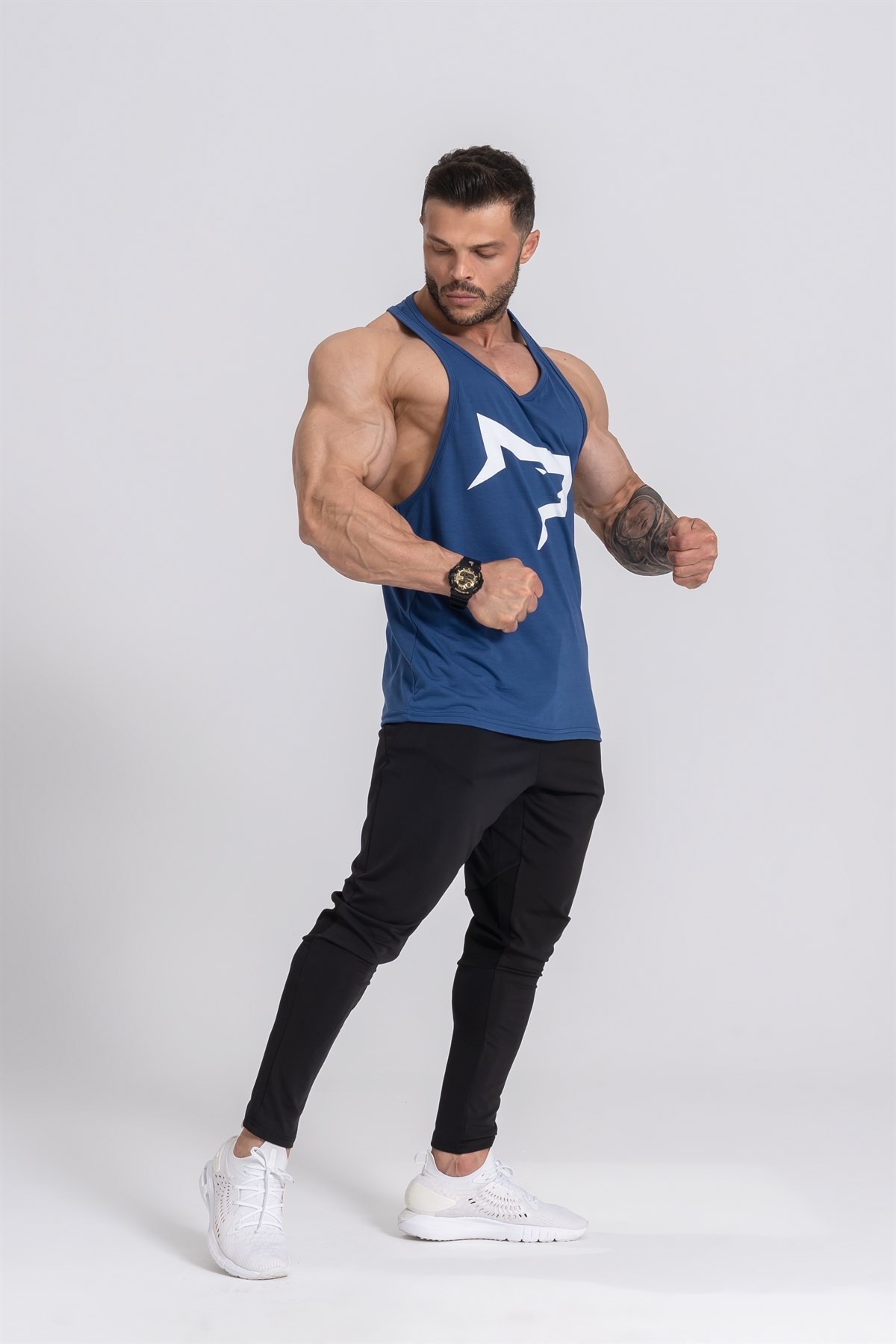 Gymwolves Erkek Spor Atleti | Stringer | Workout Tanktop | İndigo | Wolf Serisi