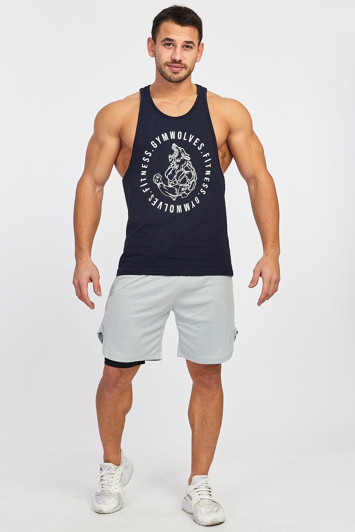 Gymwolves Erkek Spor Atleti | Stringer | Workout Tanktop | Lacivert | Wolf Serisi