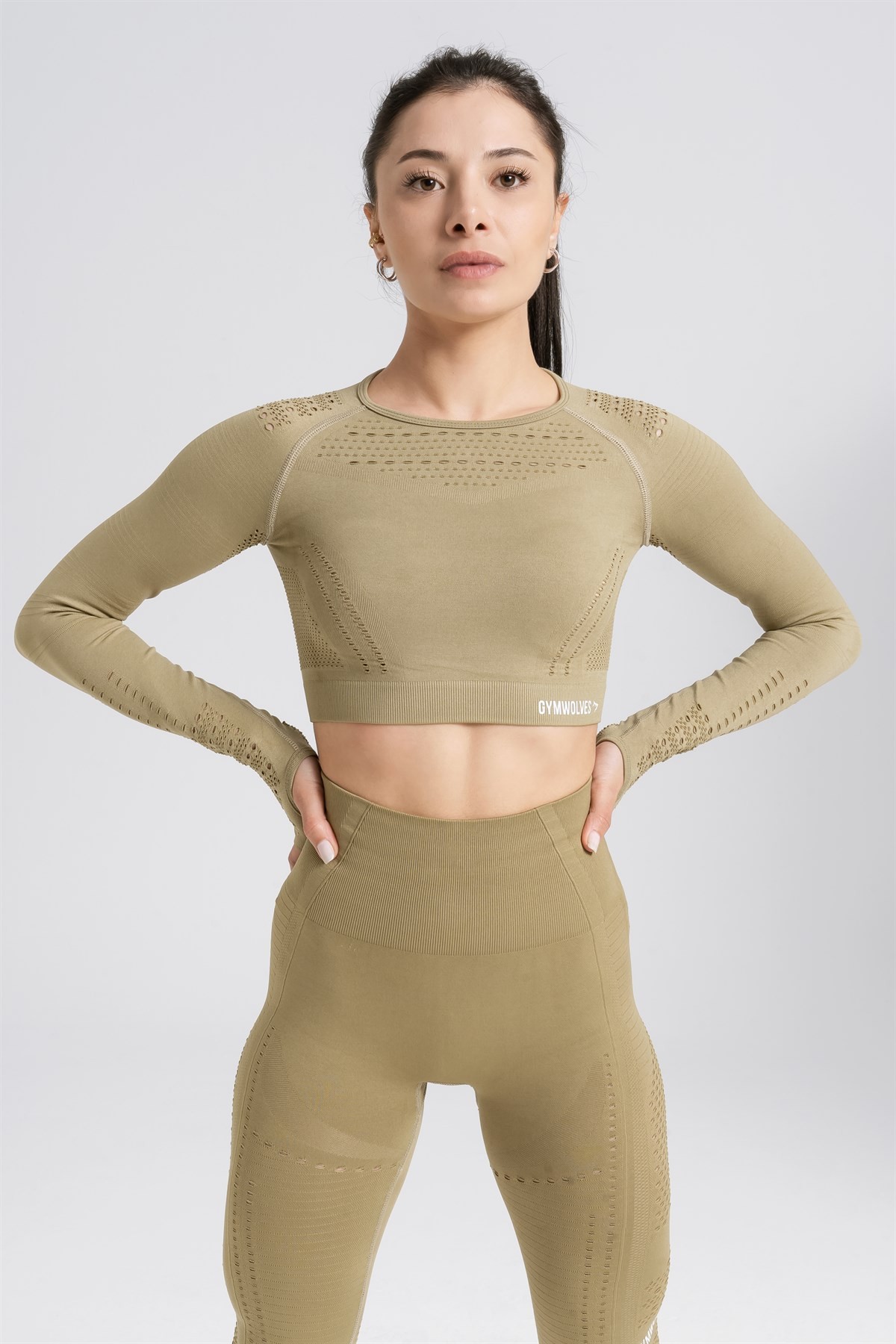 Gymwolves Kadın Uzun Kollu Dikişsiz Spor T-Shirt | Crop Tops | Yeşil | Aktive Power Serisi |