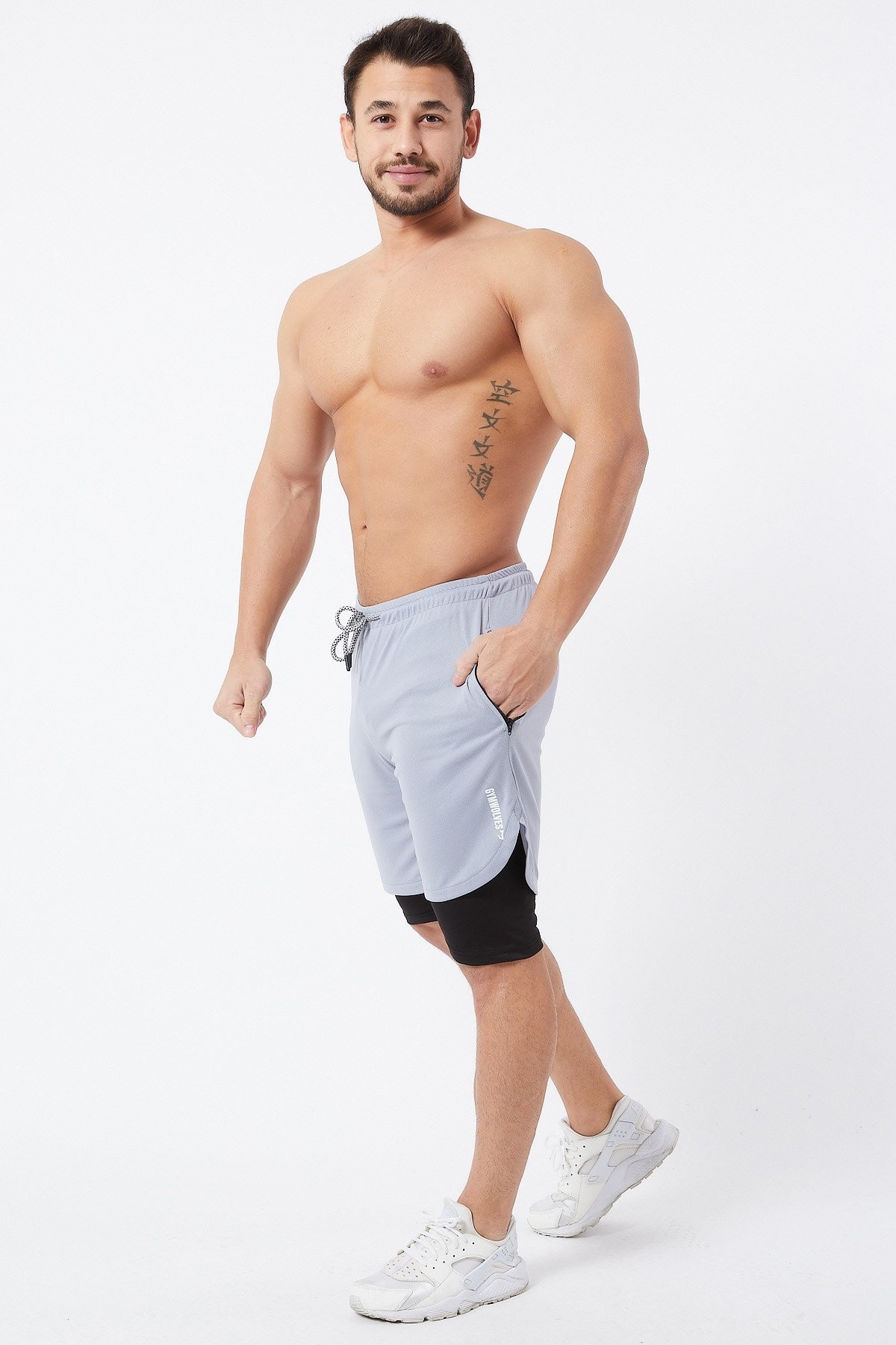 Gymwolves Erkek Spor Şort Çift Katmanlı | Uzun İç Tayt | Açık Gri | Comfortable Serisi |