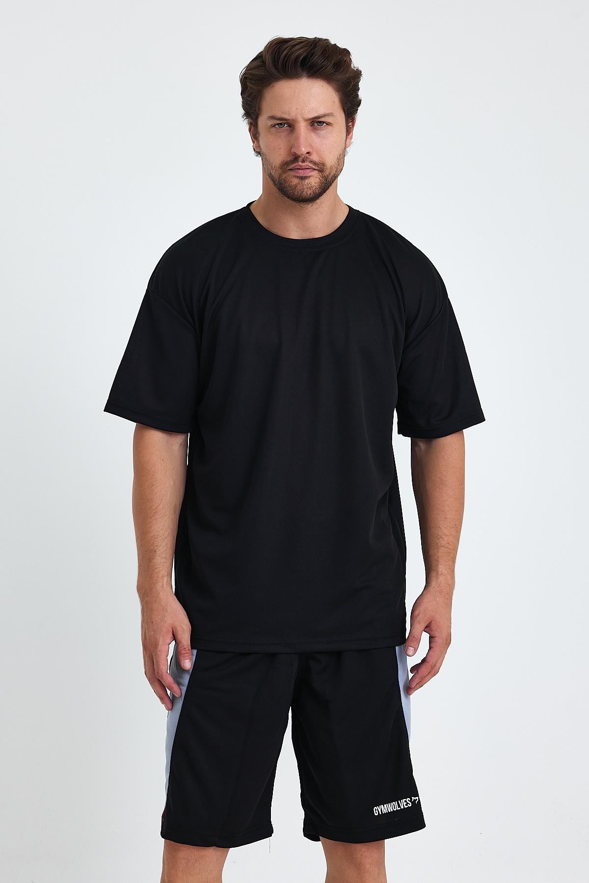 Gymwolves Erkek Over Size Spor T-Shirt | Sırta Kurt  Baskılı | Workout T-Shirt | Tişört | Siyah |