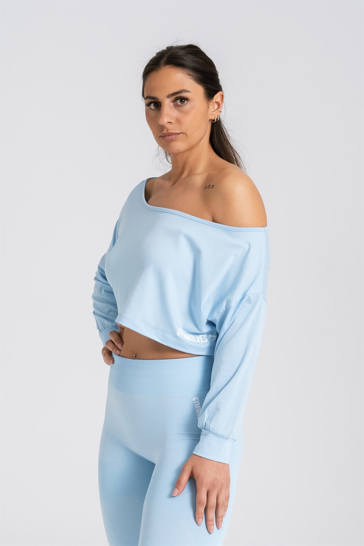 Gymwolves Kayık Yaka Uzun Kollu Crop T-Shirt | Light Blue | Cotton Serisi |