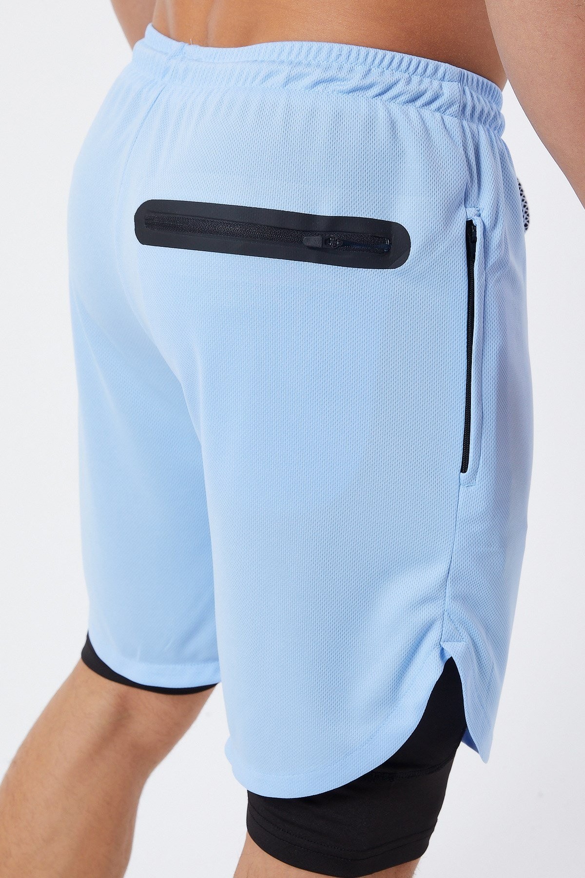 Gymwolves Erkek Spor Şort Çift Katmanlı | Uzun İç Tayt | Mavi | Comfortable Serisi |