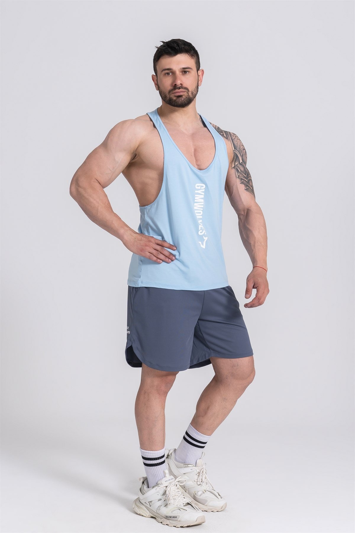 Gymwolves Erkek Spor Atleti İnce Askılı | Stringer | Light Blue | Workout Tanktop |