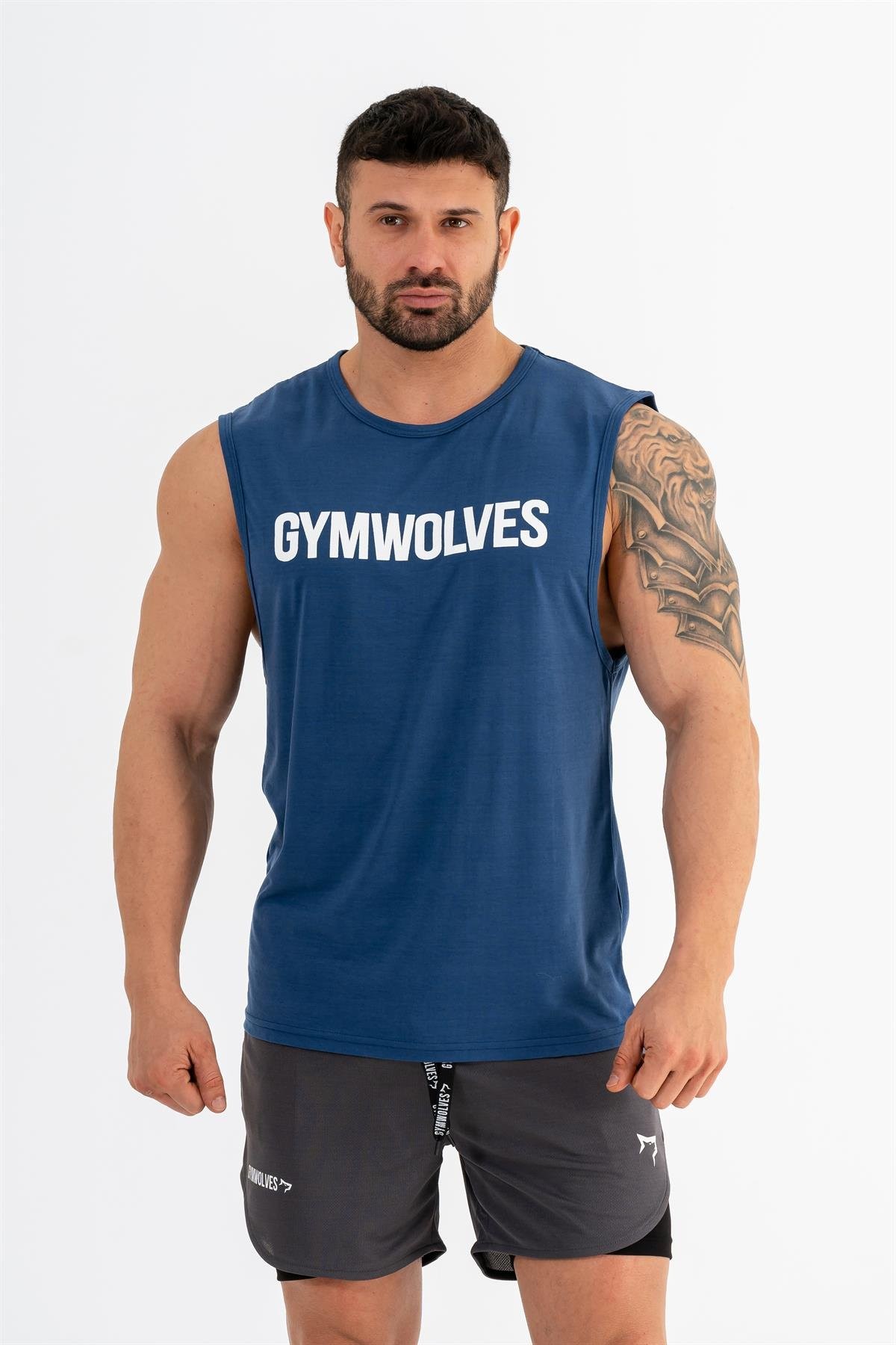 Gymwolves Erkek Kolsuz T-Shirt | Erkek Spor T-shirt | İndigo | Workout Tanktop |