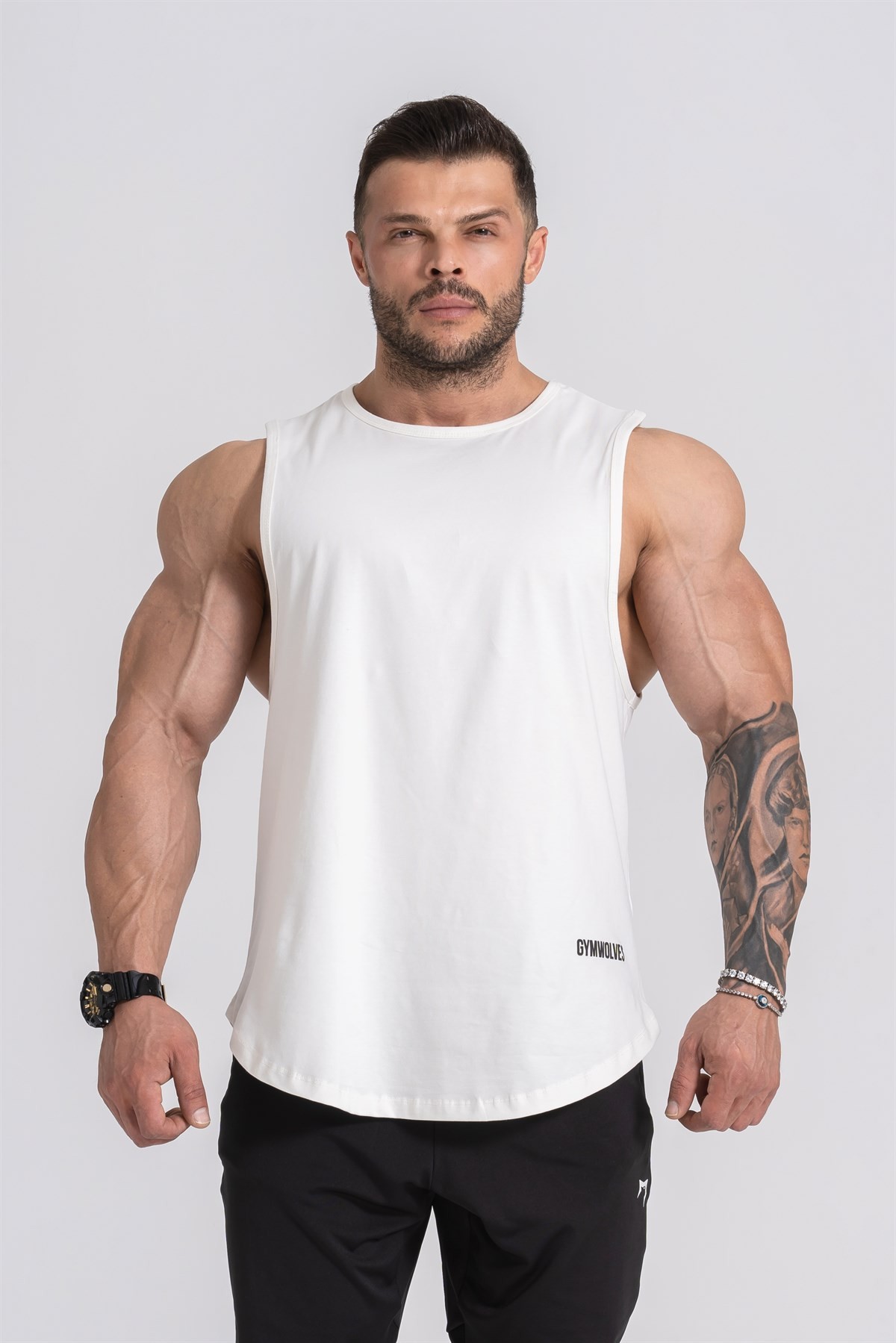 Gymwolves Erkek Kolsuz T-Shirt | Erkek Spor T-shirt | Workout Tanktop | Krem | Never Give Up |