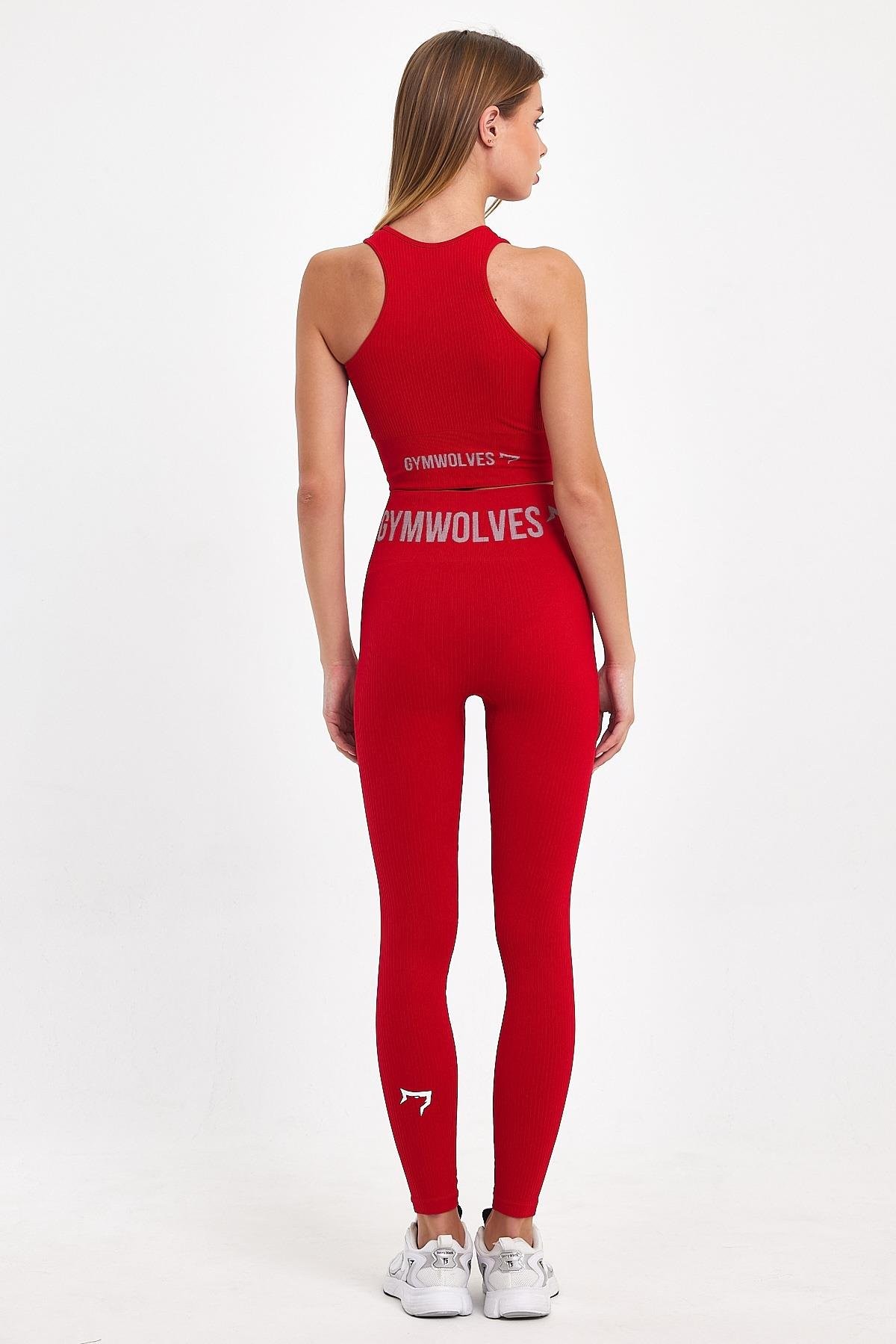 Gymwolves Dikişsiz Spor Tayt | Kırmızı | Seamles Leggings | Kalın Fitilli |