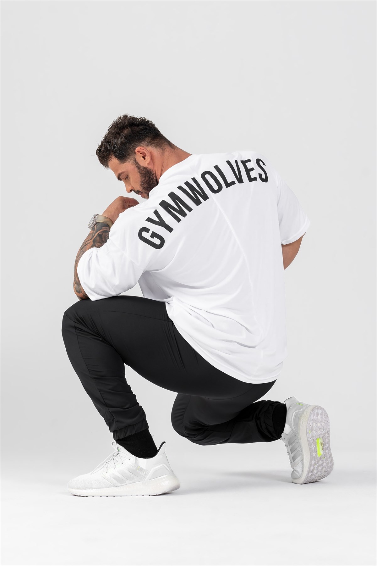 Gymwolves Erkek Over Size Spor T-Shirt | Beyaz | Workout T-Shirt | Relax Serisi |