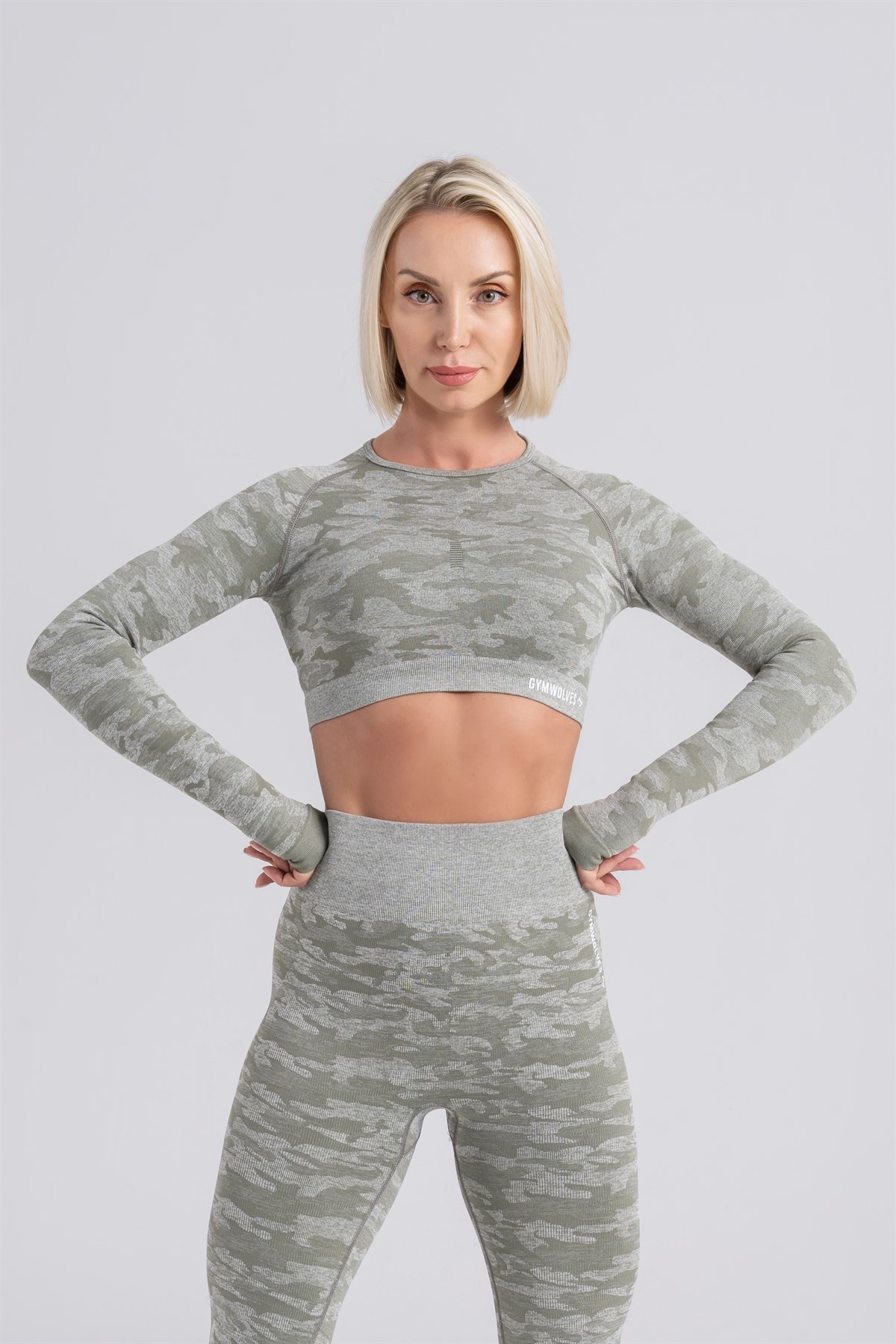 Gymwolves Kadın Uzun Kollu Dikişsiz Spor Tişört | Crop Tops | Haki | Action Serisi Serisi |