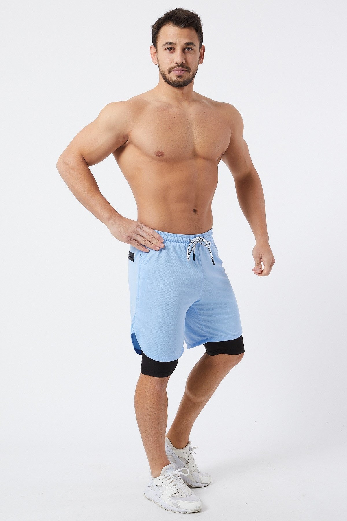 Gymwolves Erkek Spor Şort Çift Katmanlı | Uzun İç Tayt | Mavi | Comfortable Serisi |