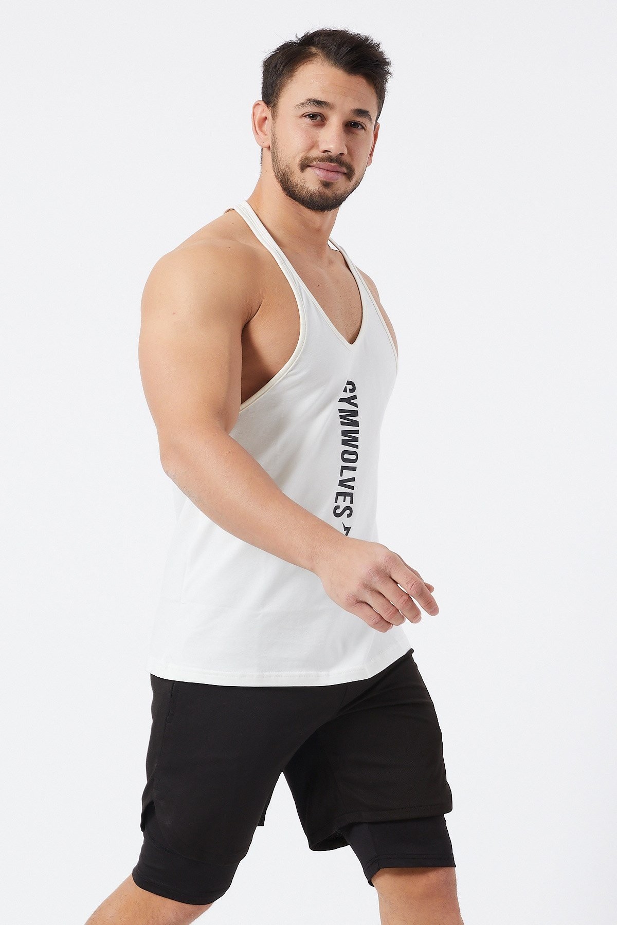 Gymwolves Erkek Spor Atleti İnce Askılı | Krem | Stringer | Workout Tanktop |