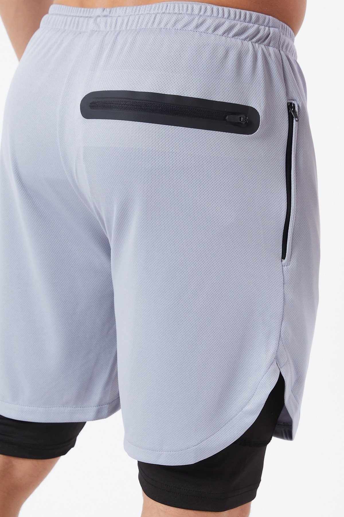 Gymwolves Erkek Spor Şort Çift Katmanlı | Uzun İç Tayt | Açık Gri | Comfortable Serisi |