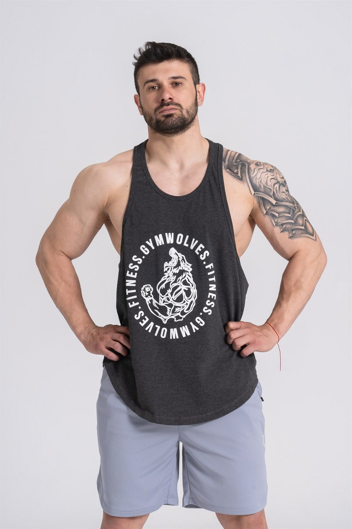Gymwolves Erkek Spor Atleti | Stringer | Workout Tanktop | Siyah Melanj | Wolf Serisi