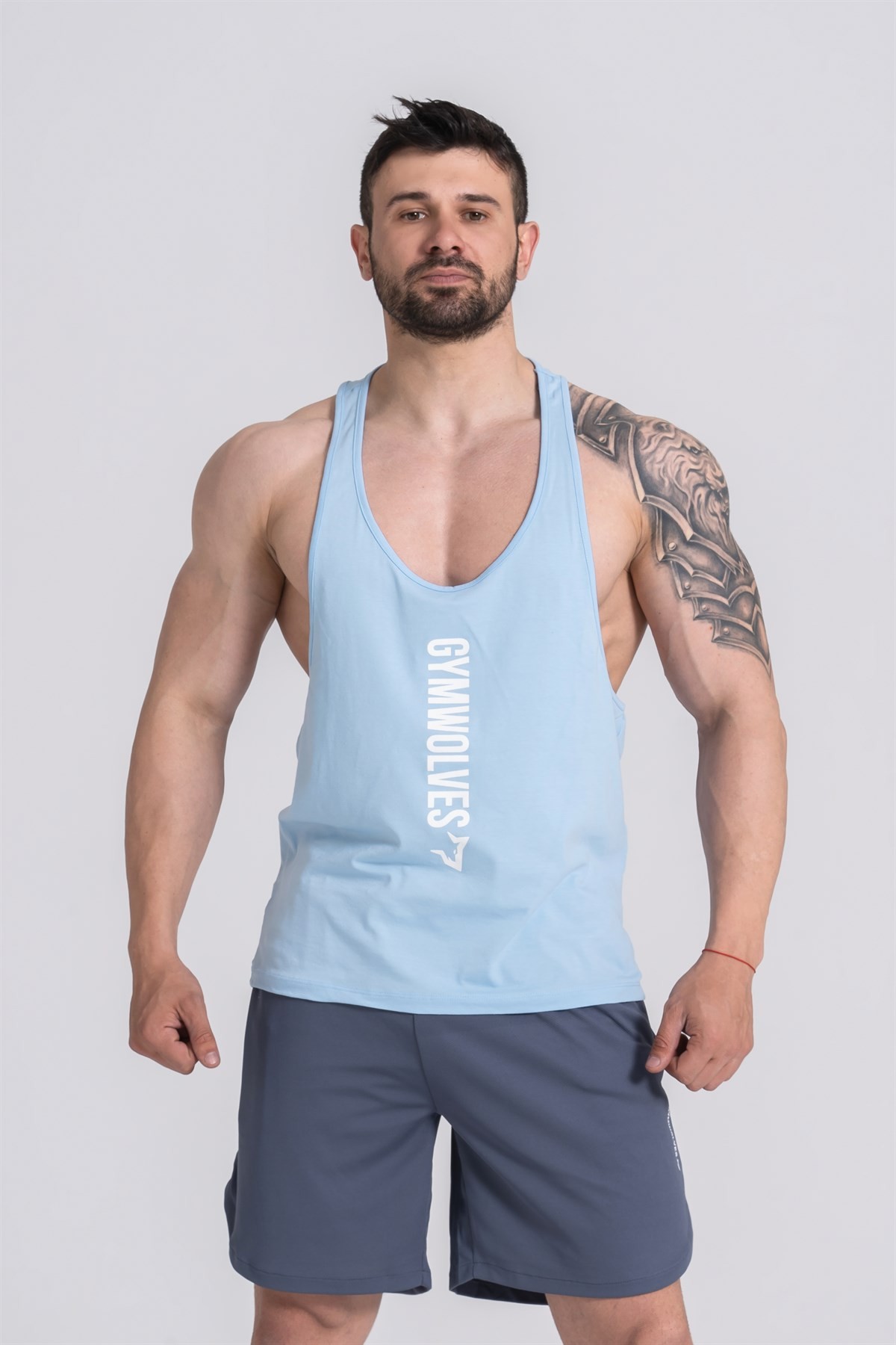 Gymwolves Erkek Spor Atleti İnce Askılı | Stringer | Light Blue | Workout Tanktop |