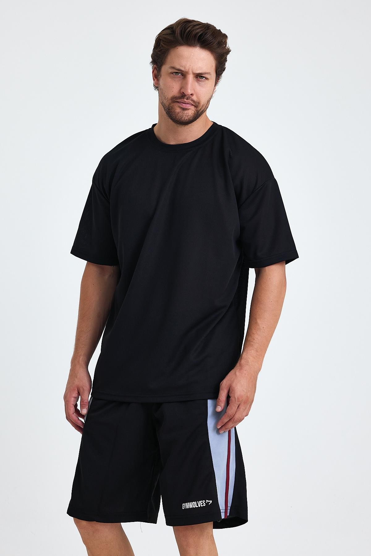 Gymwolves Erkek Over Size Spor T-Shirt | Sırta Kurt  Baskılı | Workout T-Shirt | Tişört | Siyah |