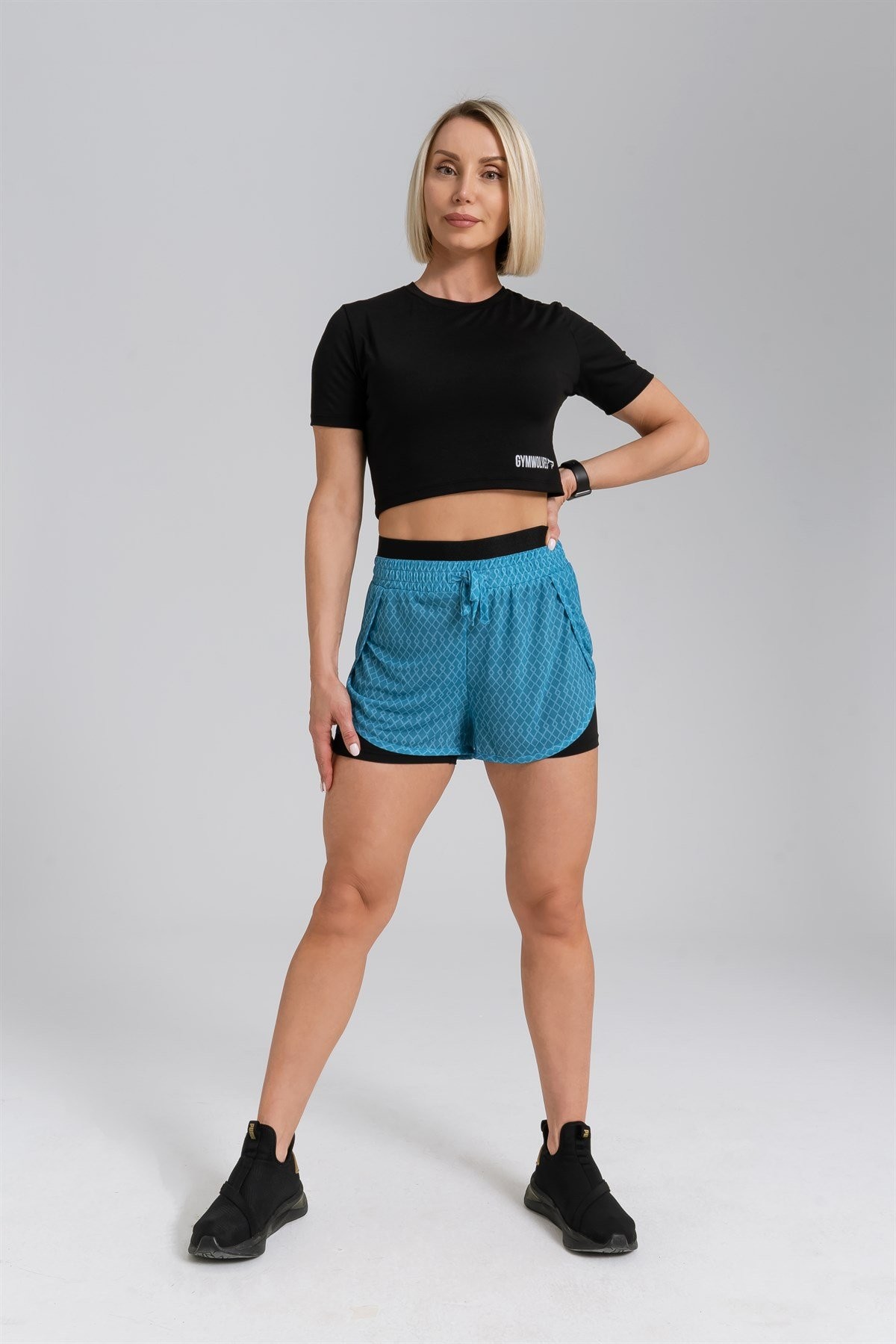 Gymwolves Kadın Spor Şort | İki Konbinasyon Bir Arada | Taytlı Spor Şort | Mavi | Comfortable Serisi |
