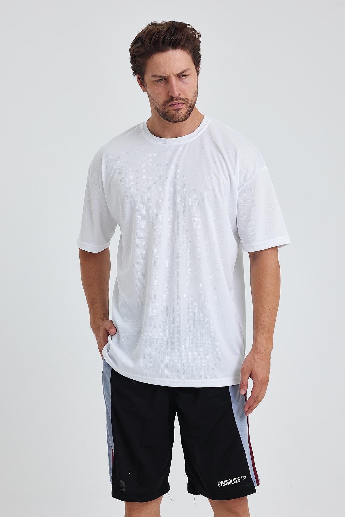 Gymwolves Erkek Over Size Spor T-Shirt | Sırta Kurt  Baskılı | Workout T-Shirt | Tişört | Beyaz |