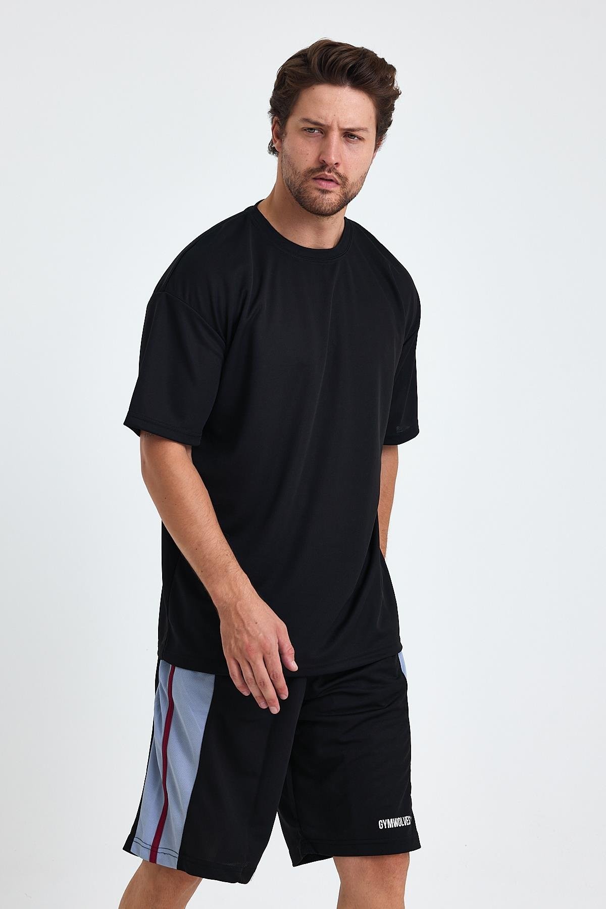 Gymwolves Erkek Over Size Spor T-Shirt | Sırta Kurt  Baskılı | Workout T-Shirt | Tişört | Siyah |