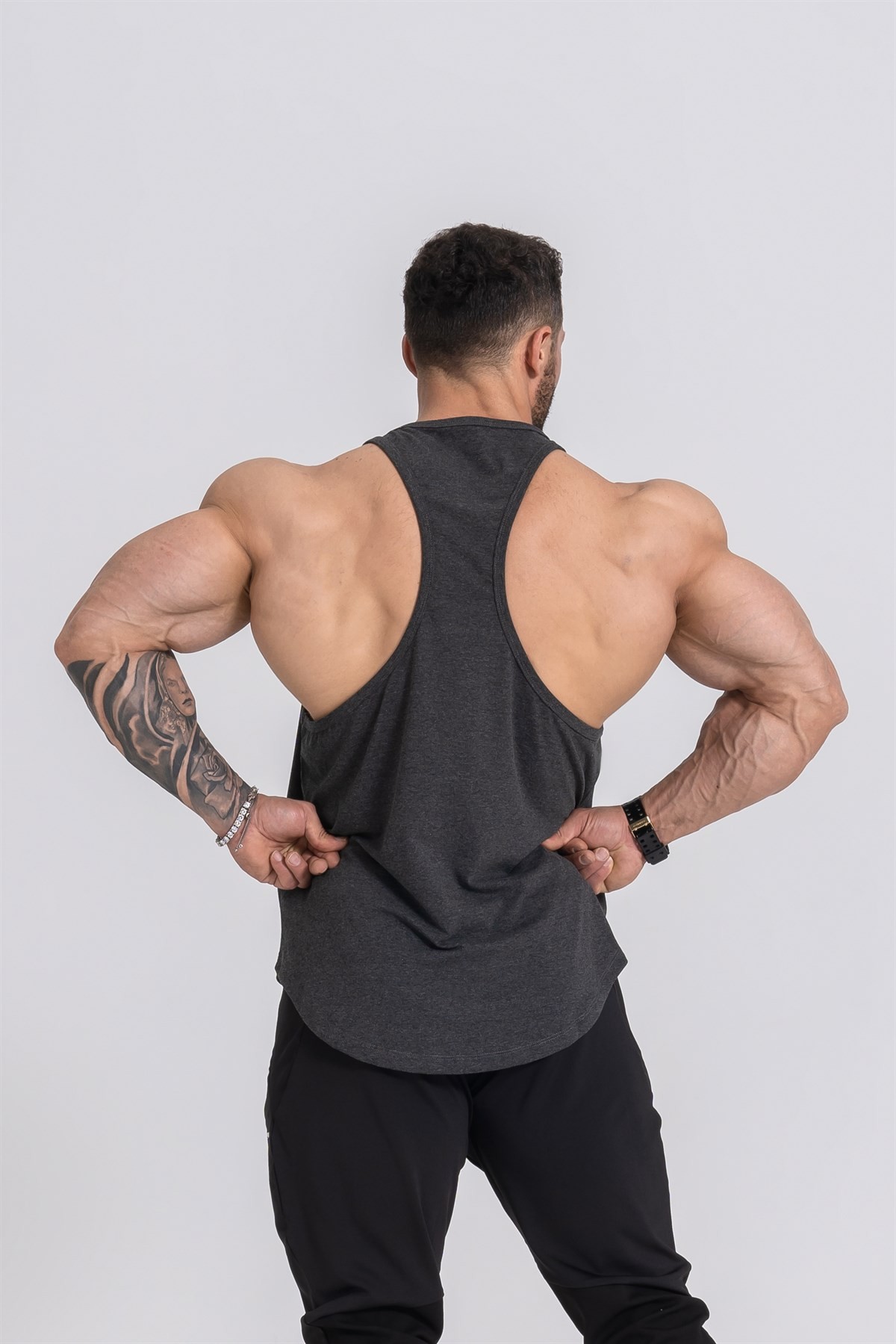 Gymwolves Spor Atleti | Stringer | Workout Tanktop | Siyah Melanj | Comfortable Serisi