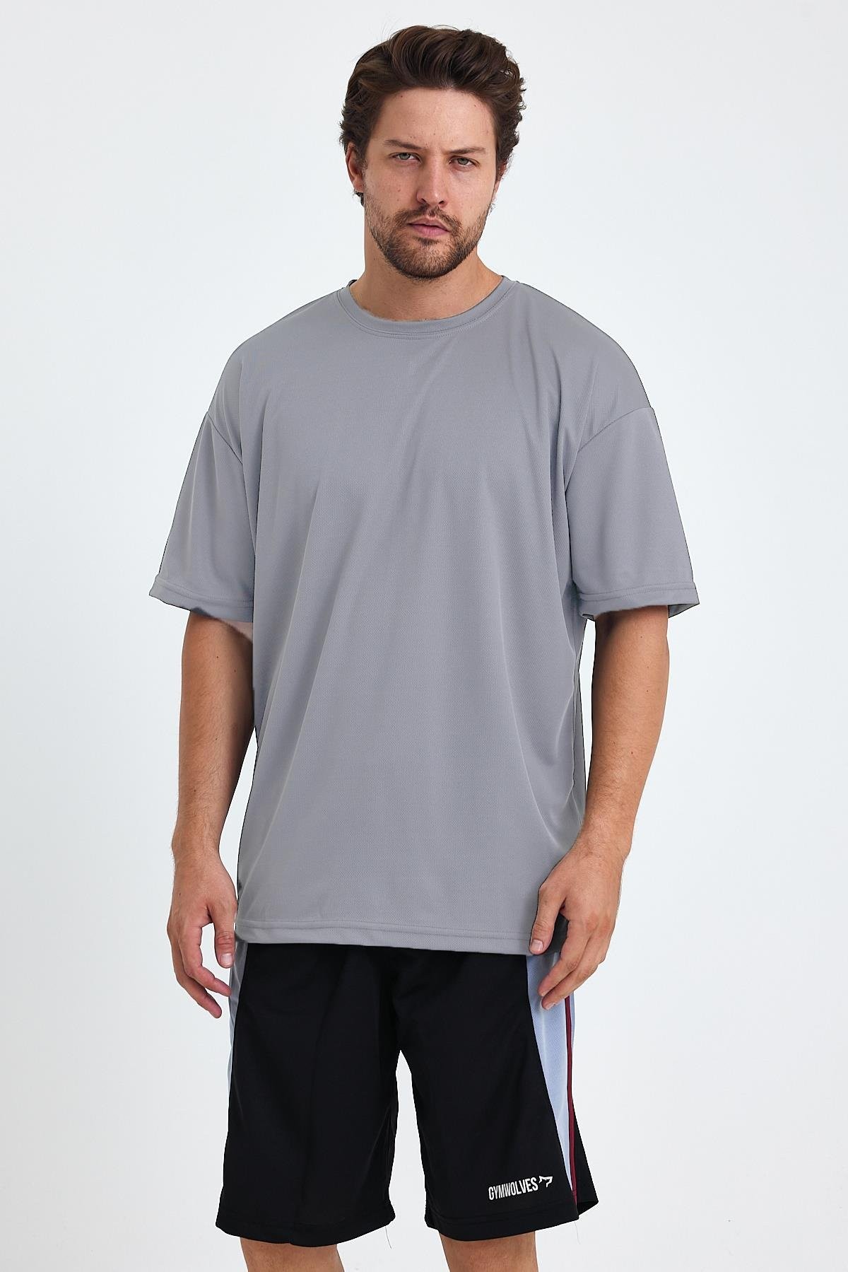Gymwolves Erkek Over Size Spor T-Shirt | Sırta Kurt  Baskılı | Workout T-Shirt | Tişört | Light Grey |