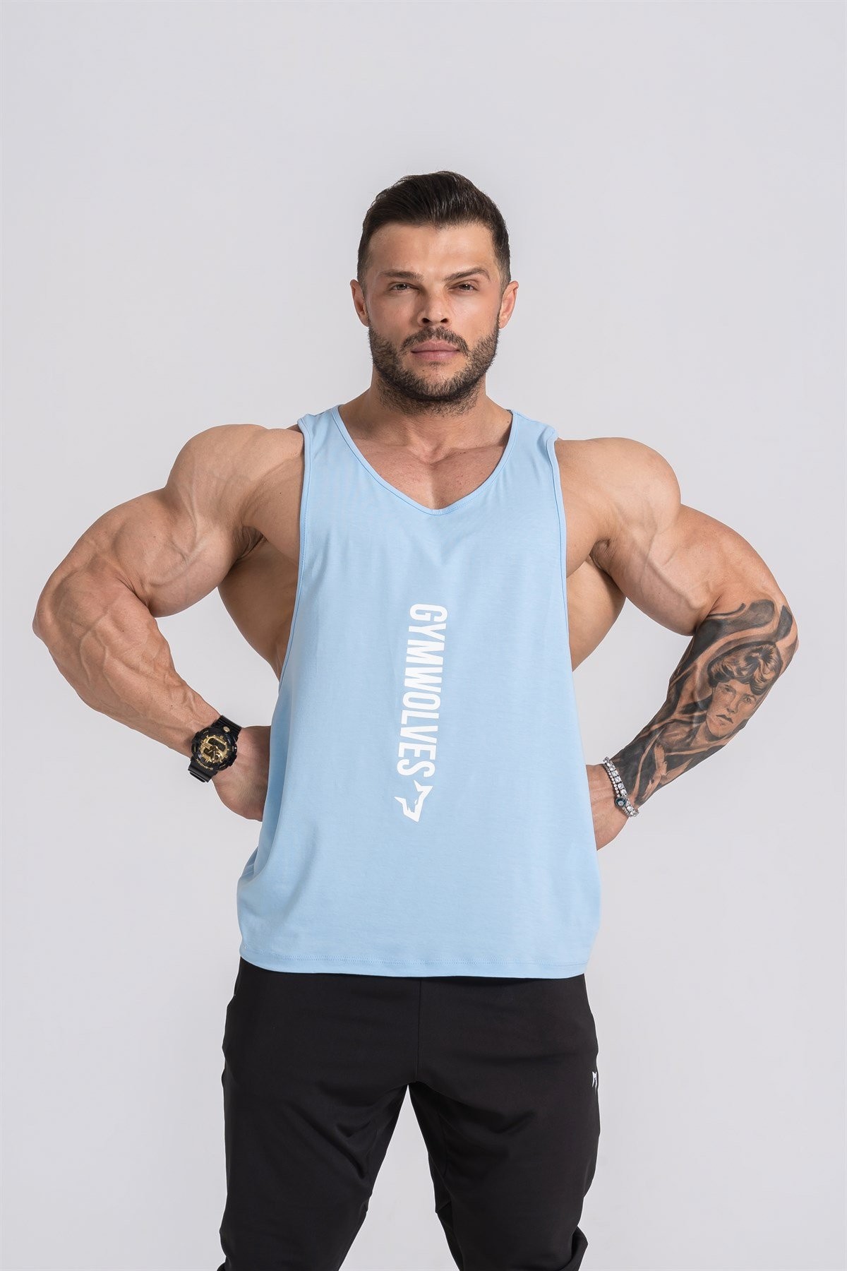 Gymwolves Spor Atleti | Stringer | Workout Tanktop | Açık Mavi | Comfortable Serisi