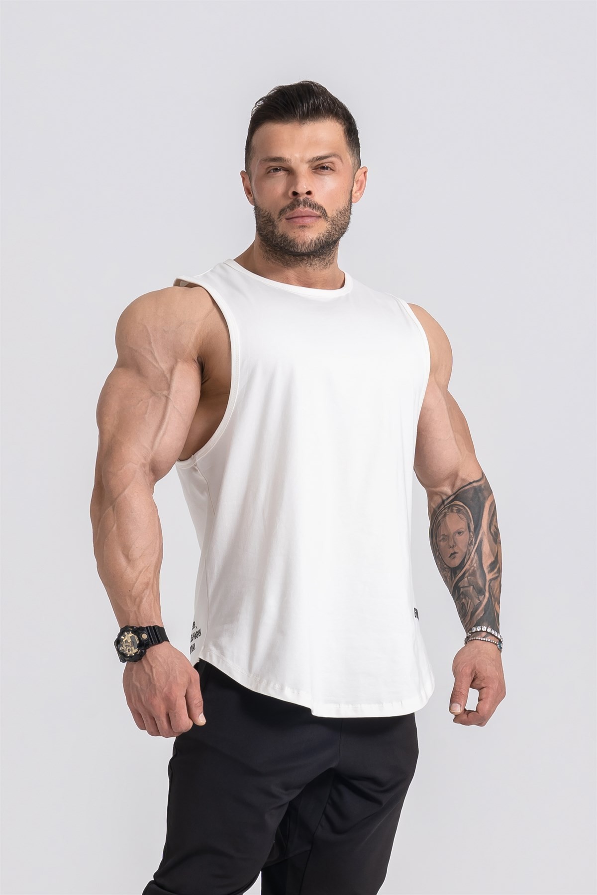 Gymwolves Erkek Kolsuz T-Shirt | Erkek Spor T-shirt | Workout Tanktop | Krem | Never Give Up |