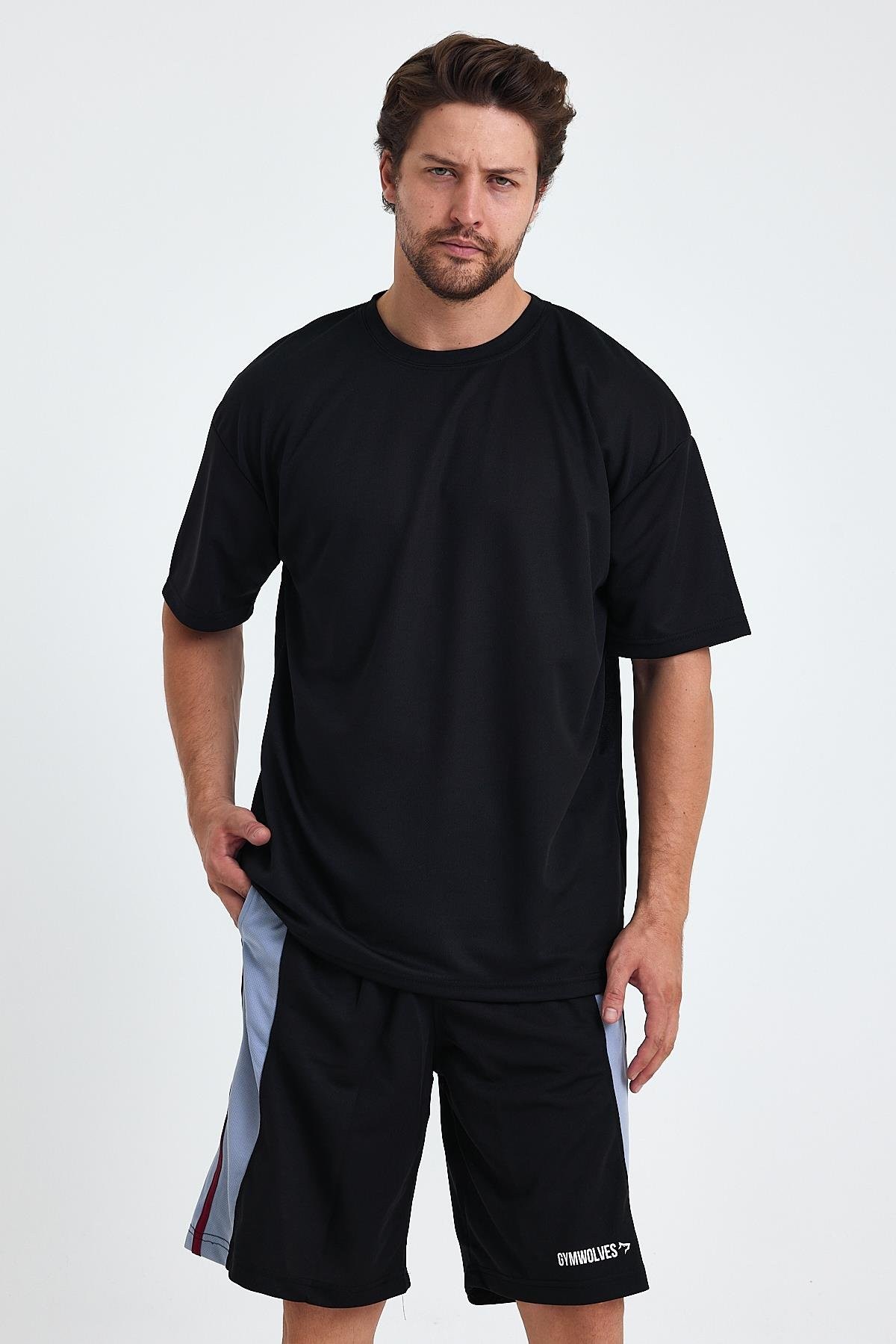 Gymwolves Erkek Over Size Spor T-Shirt | Sırta Kurt  Baskılı | Workout T-Shirt | Tişört | Siyah |