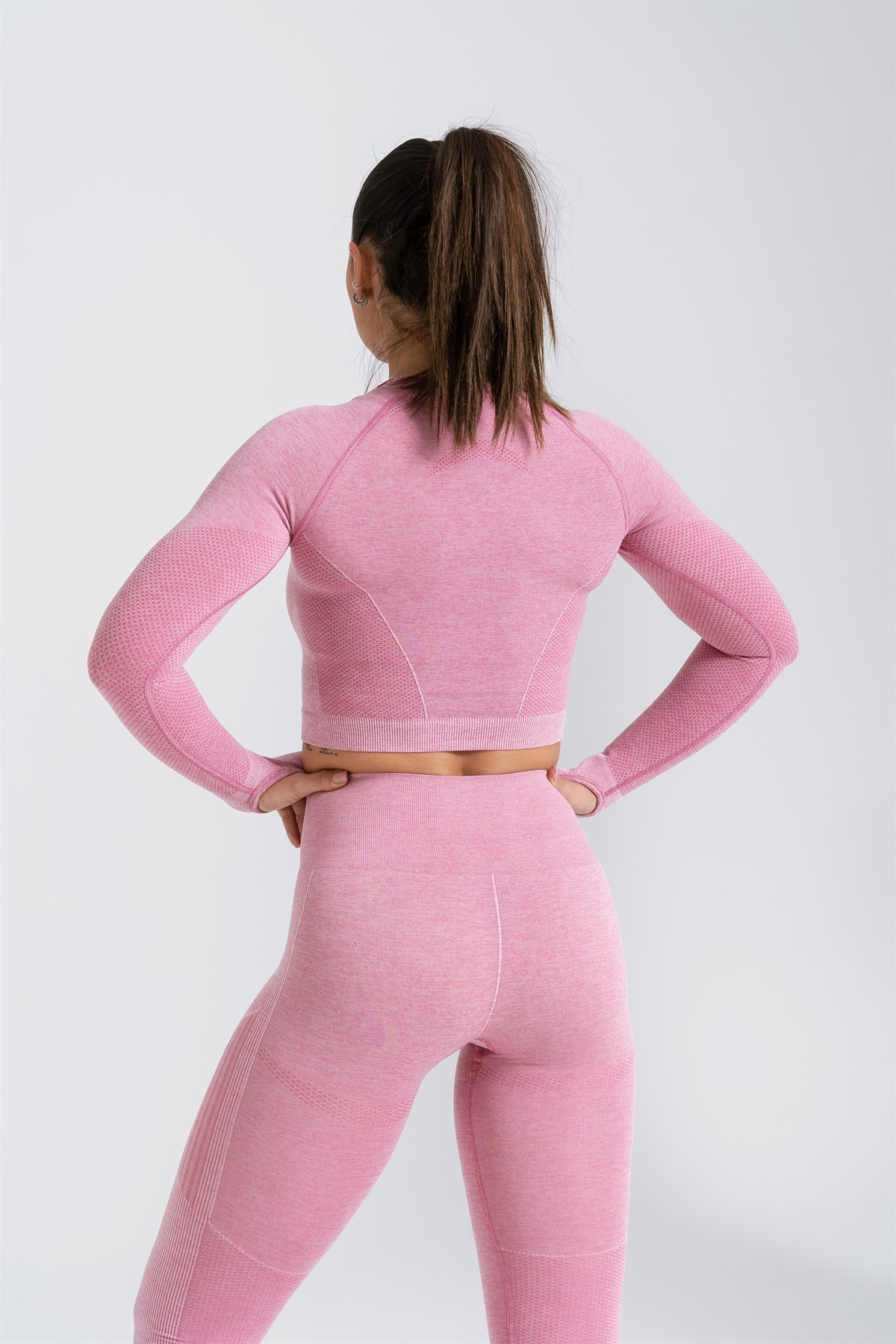 Gymwolves Kadın Uzun Kollu Dikişsiz Spor Tişört | Crop Top | Pembe | Enerji Serisi |